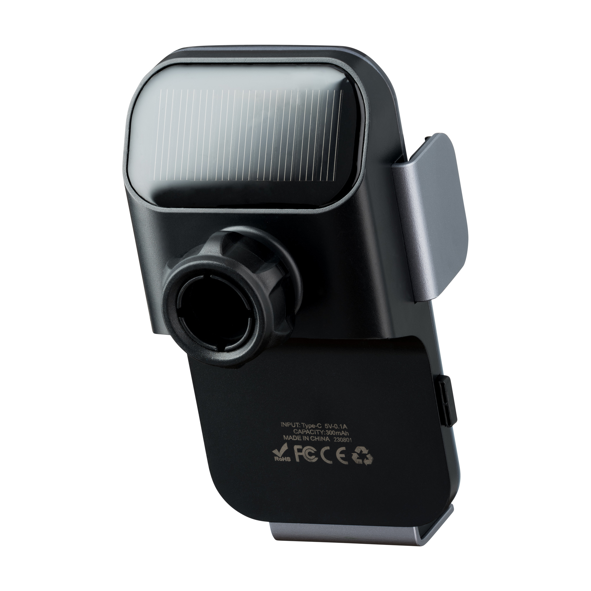 Czarny uchwyt na telefon do samochodu z panelem słonecznym. Ma mocowanie do kratki i srebrne wsporniki.