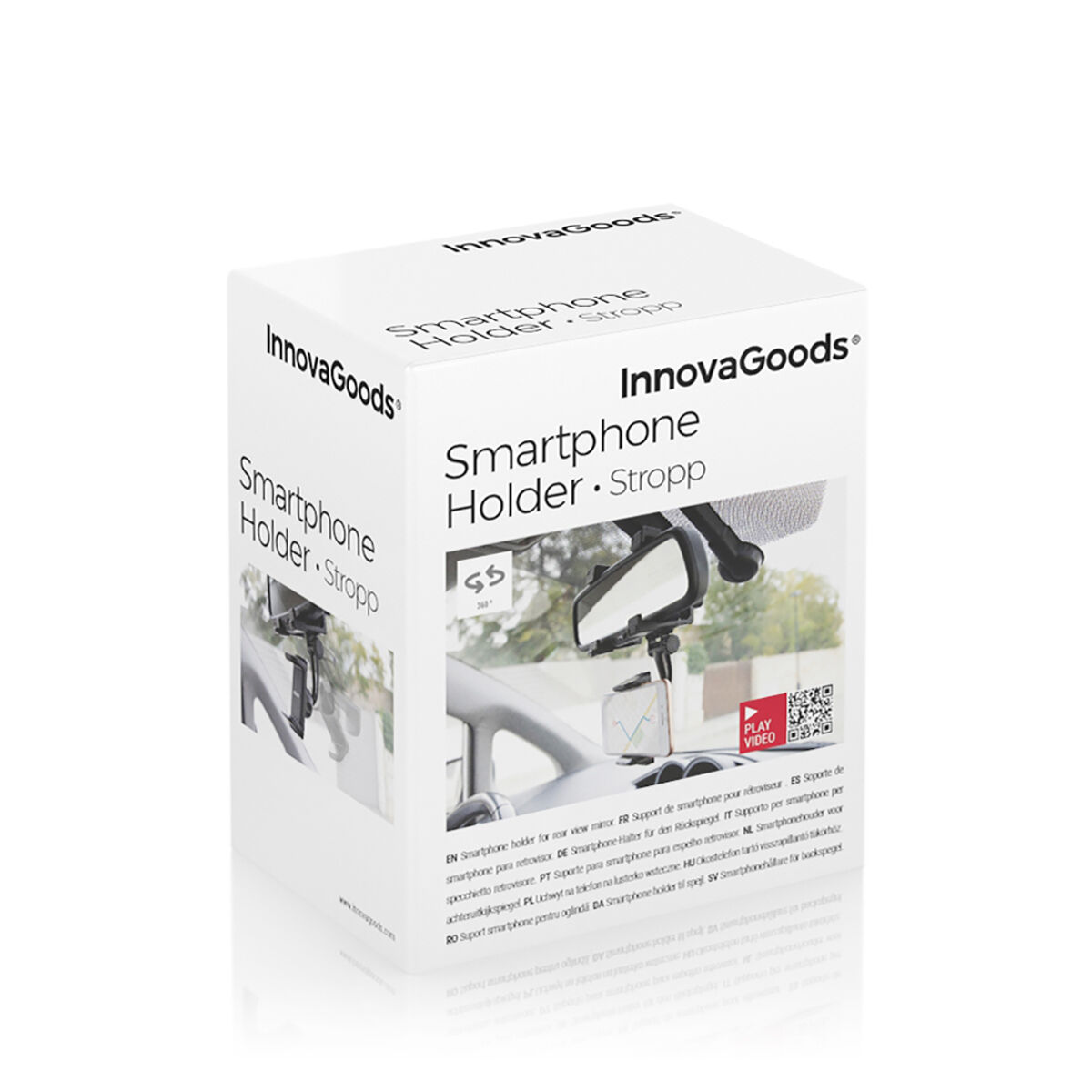 Scatola bianca con un supporto per smartphone a specchio all'interno. Marchio InnovaGoods visibile.