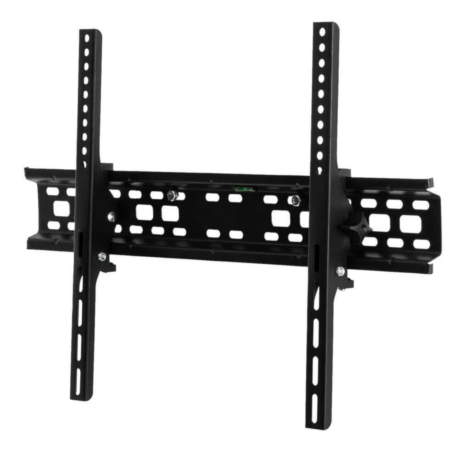 Schwarze TV-Wandhalterung. Zwei vertikale und eine horizontale Stange mit Löchern.