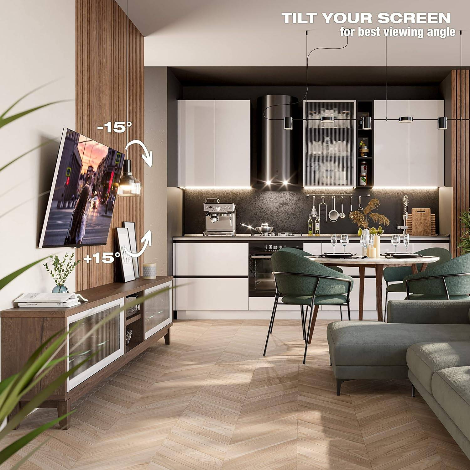 Ein Fernseher an der Wand, mit Wohnzimmereinstellung und dem Text 'Tilt your screen'.