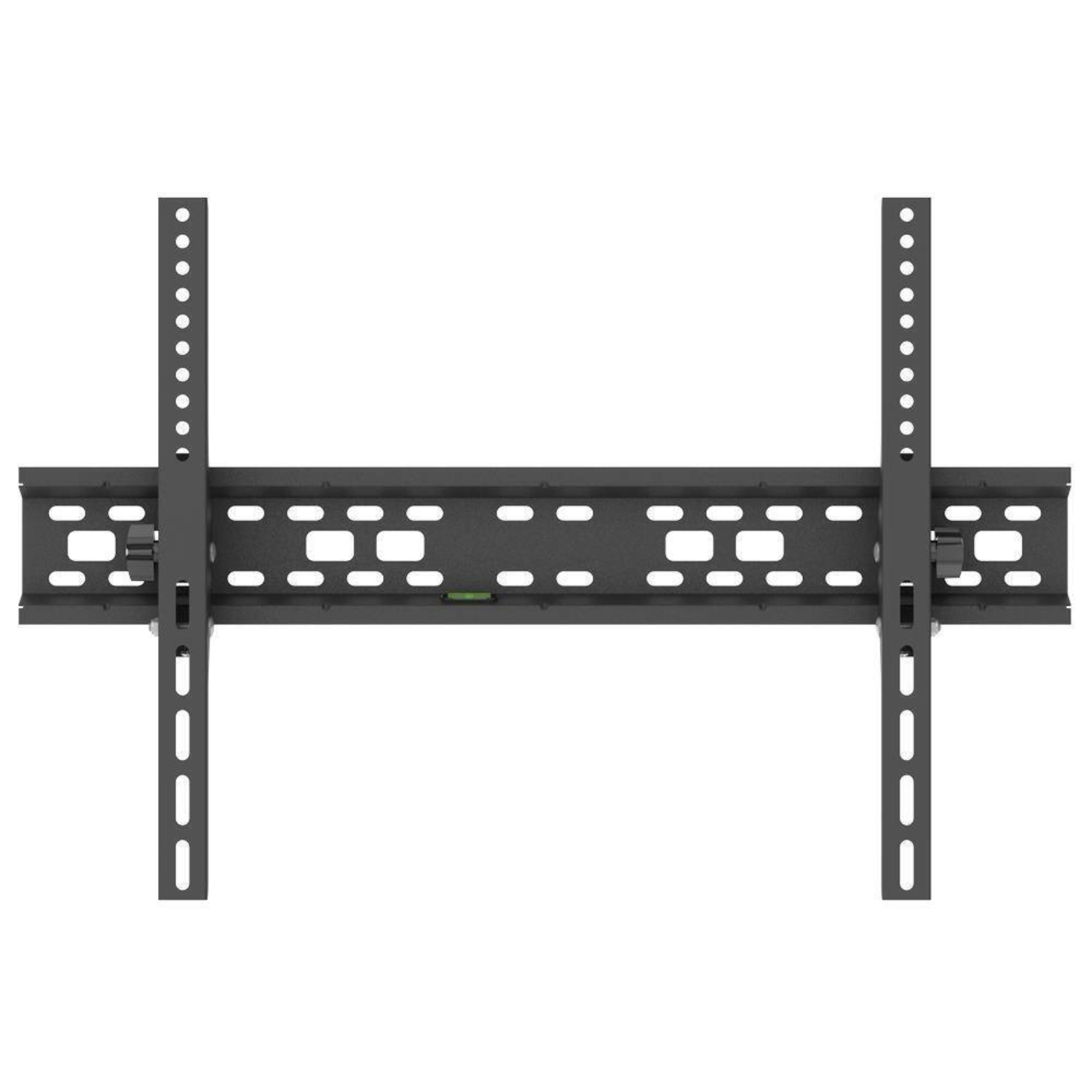 Schwarze TV-Wandhalterung. Zwei vertikale und eine horizontale Stange mit Löchern.