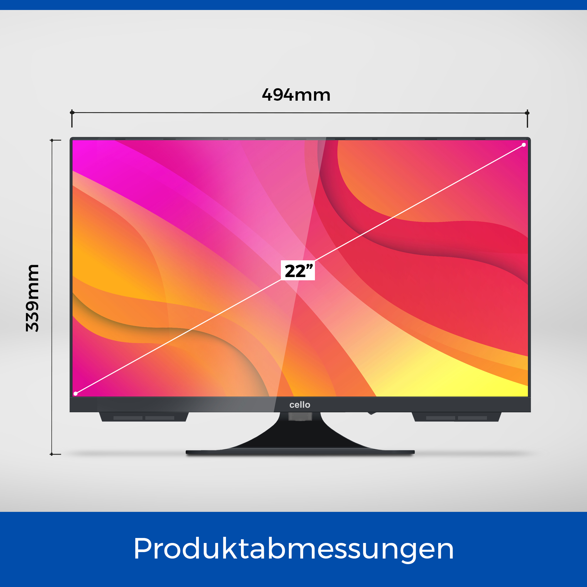 Schwarzer Cello-Fernseher mit 22"-Bildschirm und Maßangaben.
