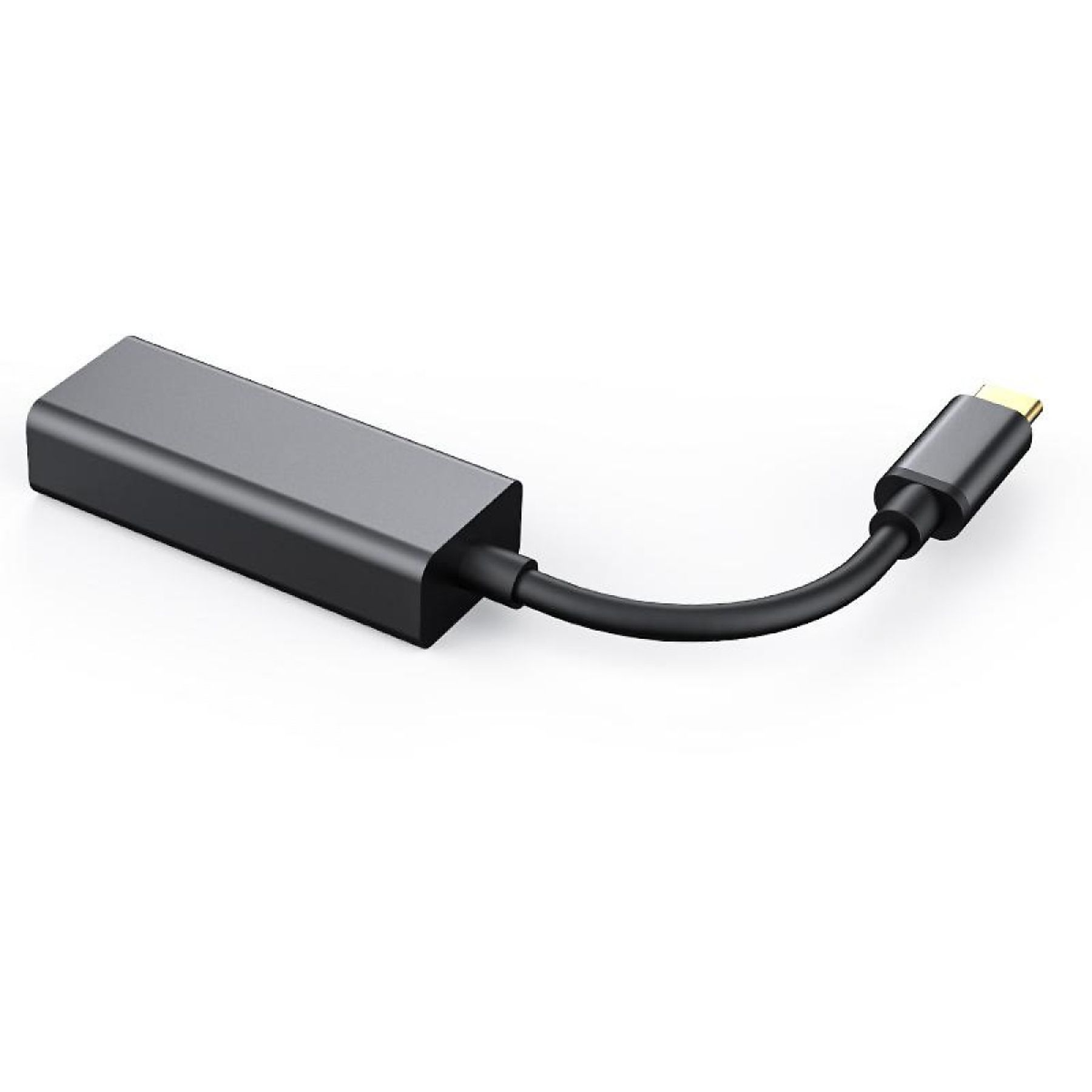 Grauer Netzwerkadapter mit USB-C-Anschluss und schwarzem Kabel. Weißer Hintergrund.