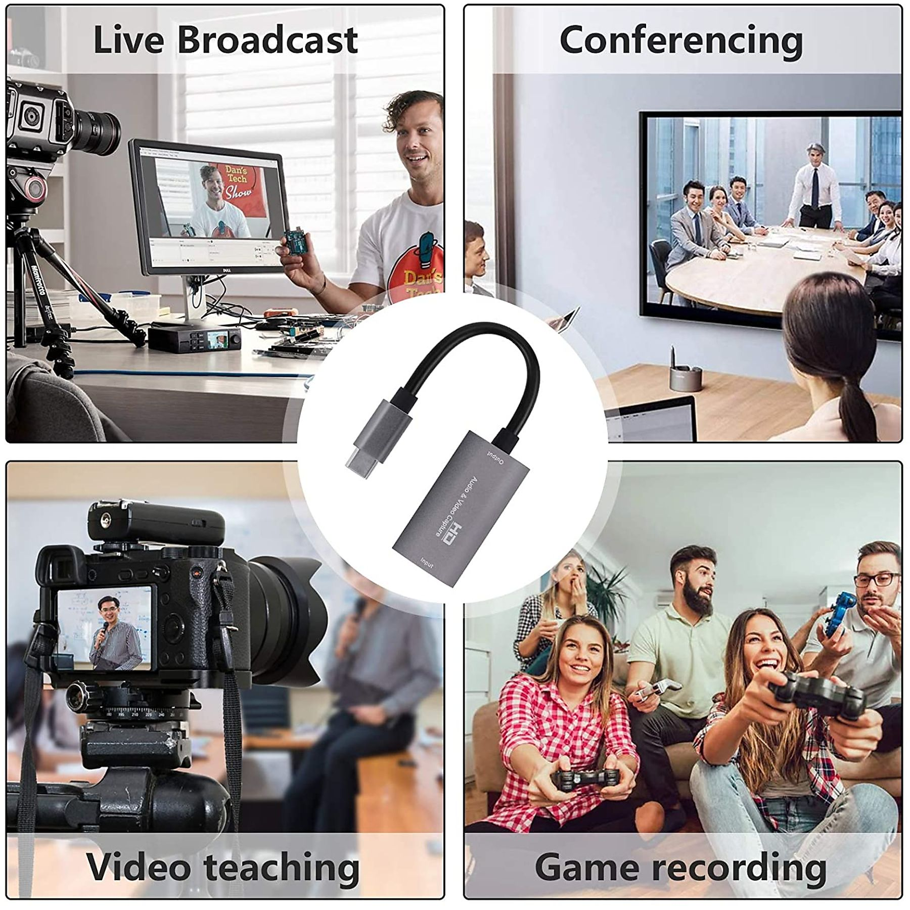 Ein silberner Adapter in verschiedenen Szenen wie Videounterricht, Live-Übertragung, Konferenzen und Spielaufnahmen.