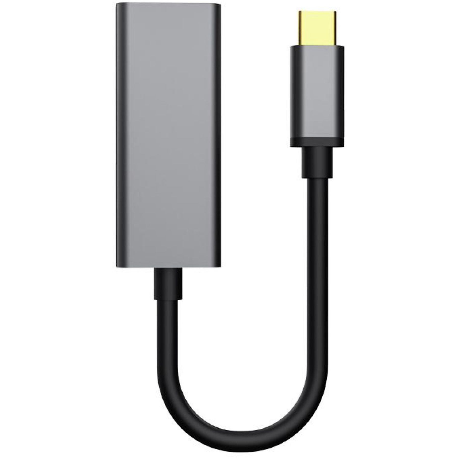 Silberner USB-C-Adapter. Ein USB-C-Stecker ist mit einem schwarzen Kabel verbunden, das mit einem größeren silbernen Adapter verbunden ist.