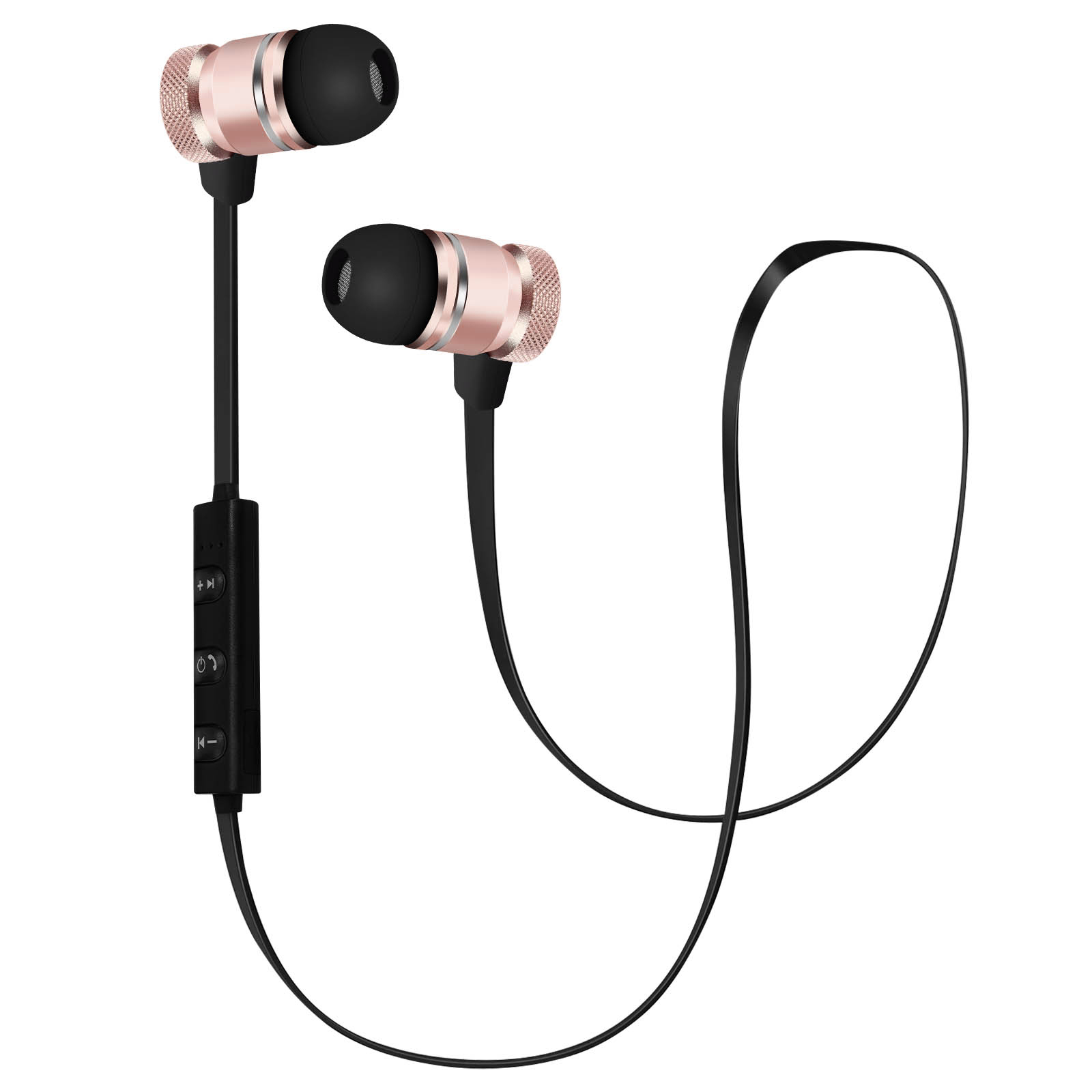 Auricolari oro rosa con punte e comandi neri, collegati da un filo nero.