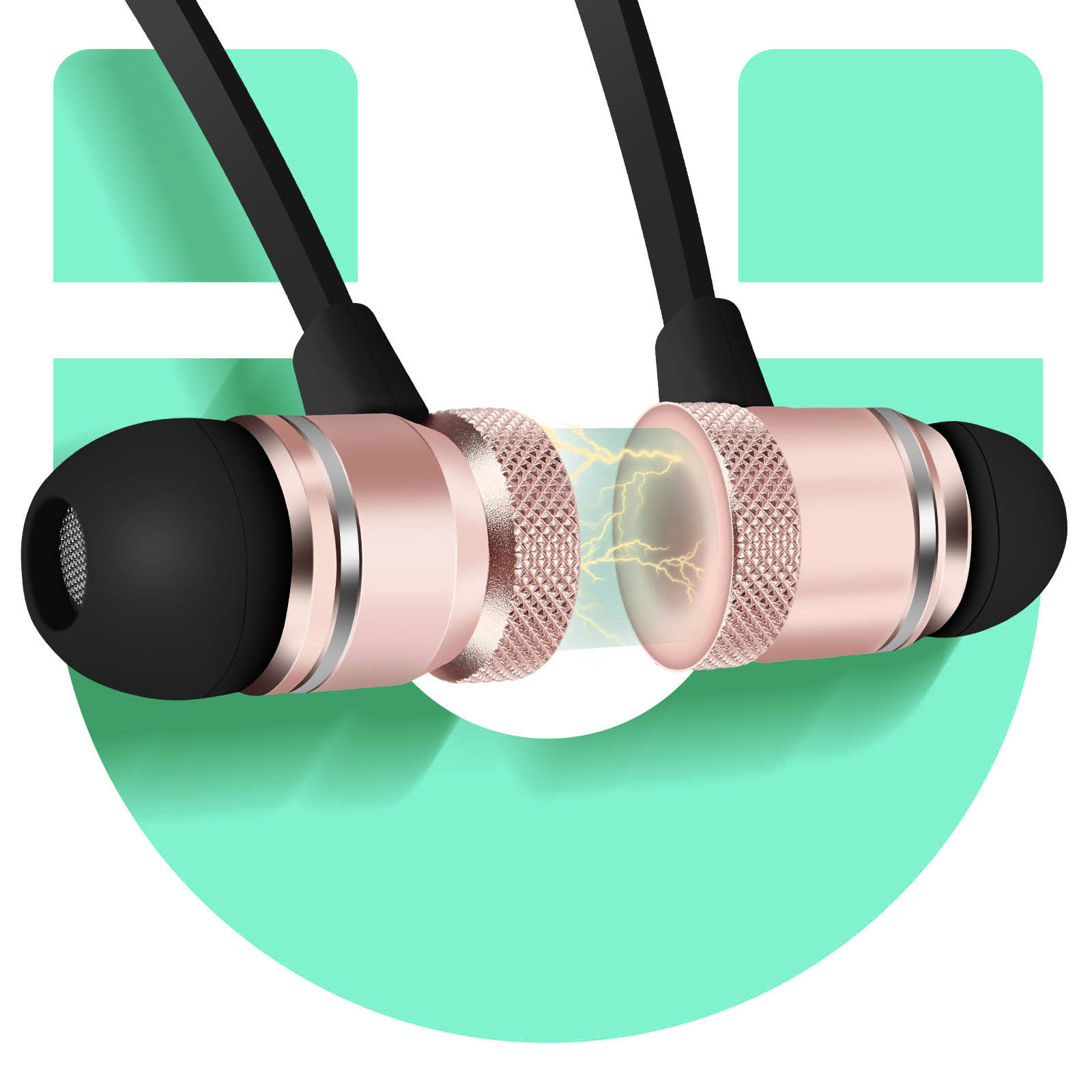 Due auricolari oro rosa con un design che suggerisce che sono collegati magneticamente con fulmini.