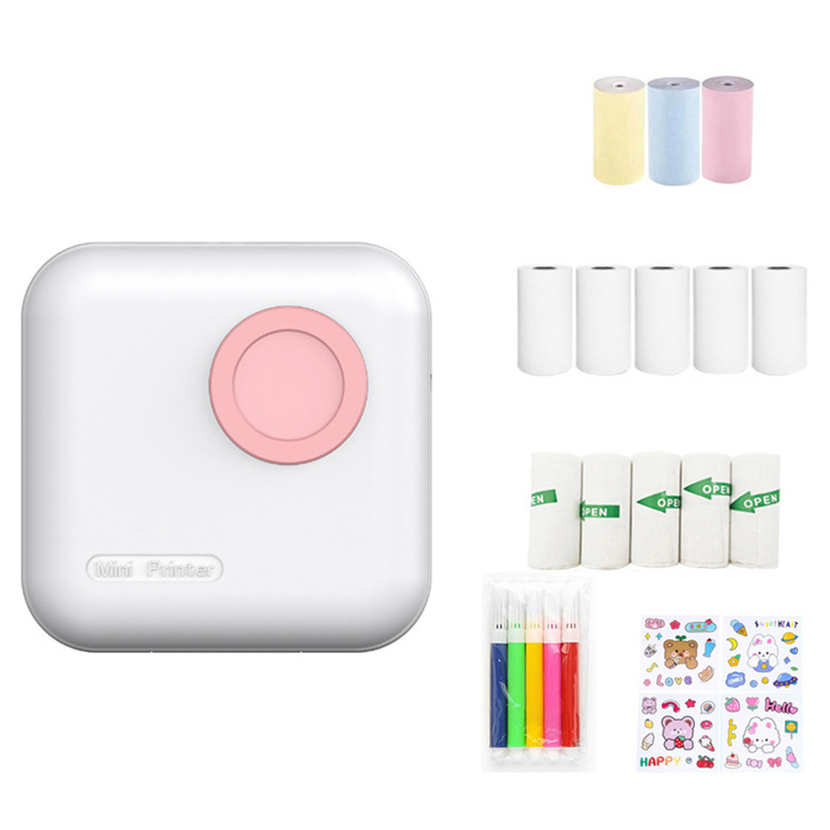 Ein weißer Mini-Drucker mit Zubehör: Aufkleber, farbige Stifte und Papierrollen.