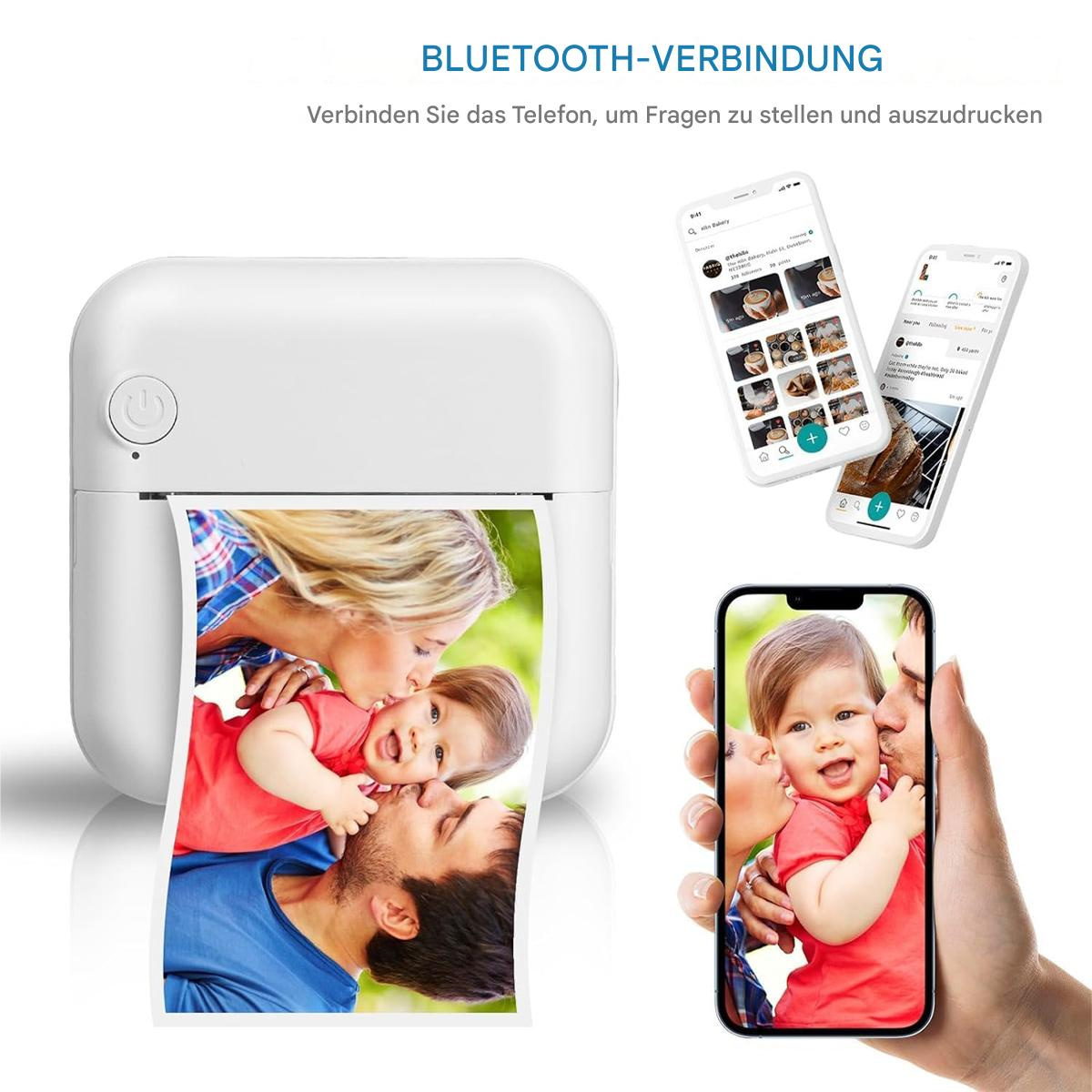 Ein weißer Drucker, der ein Foto druckt. Zwei Telefone zeigen Apps und ein Foto wird auf einem Telefon angezeigt.