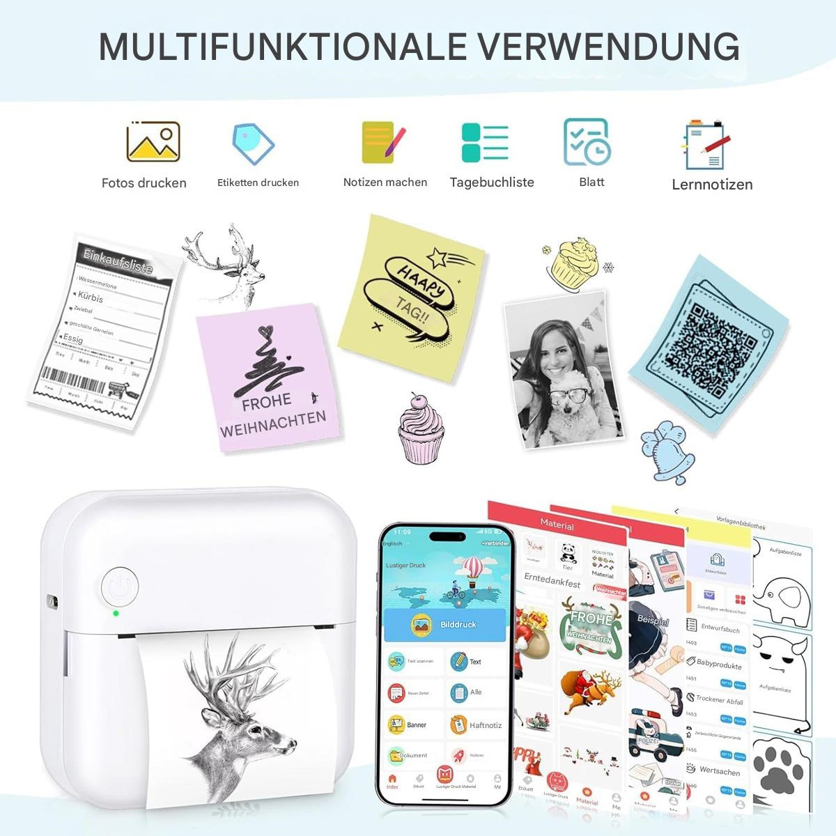 Ein Mini-Drucker mit Ausdrucken und verwandten Artikeln: Fotos, Notizen und Aufkleber.
