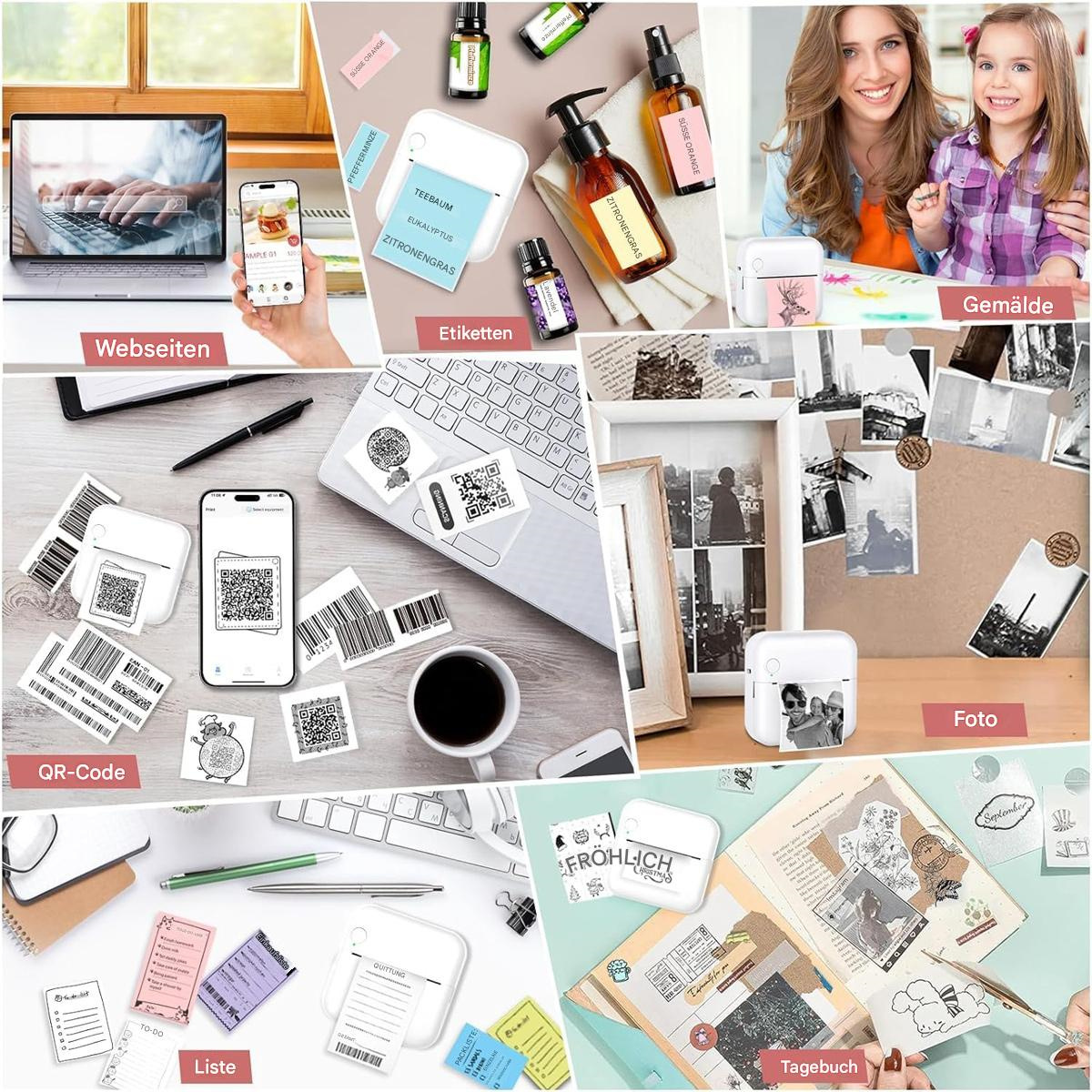 Eine Collage von Fotos. Eines zeigt einen Laptop und ein Telefon. Andere zeigen Etiketten, einen Drucker und Menschen mit Fotos.