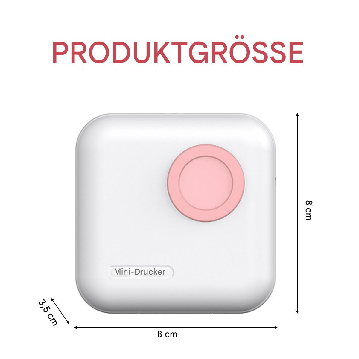 Weißer Mini-Drucker mit pinkem Kreis, 8x8 cm. Abmessungen sind 3,5 cm.