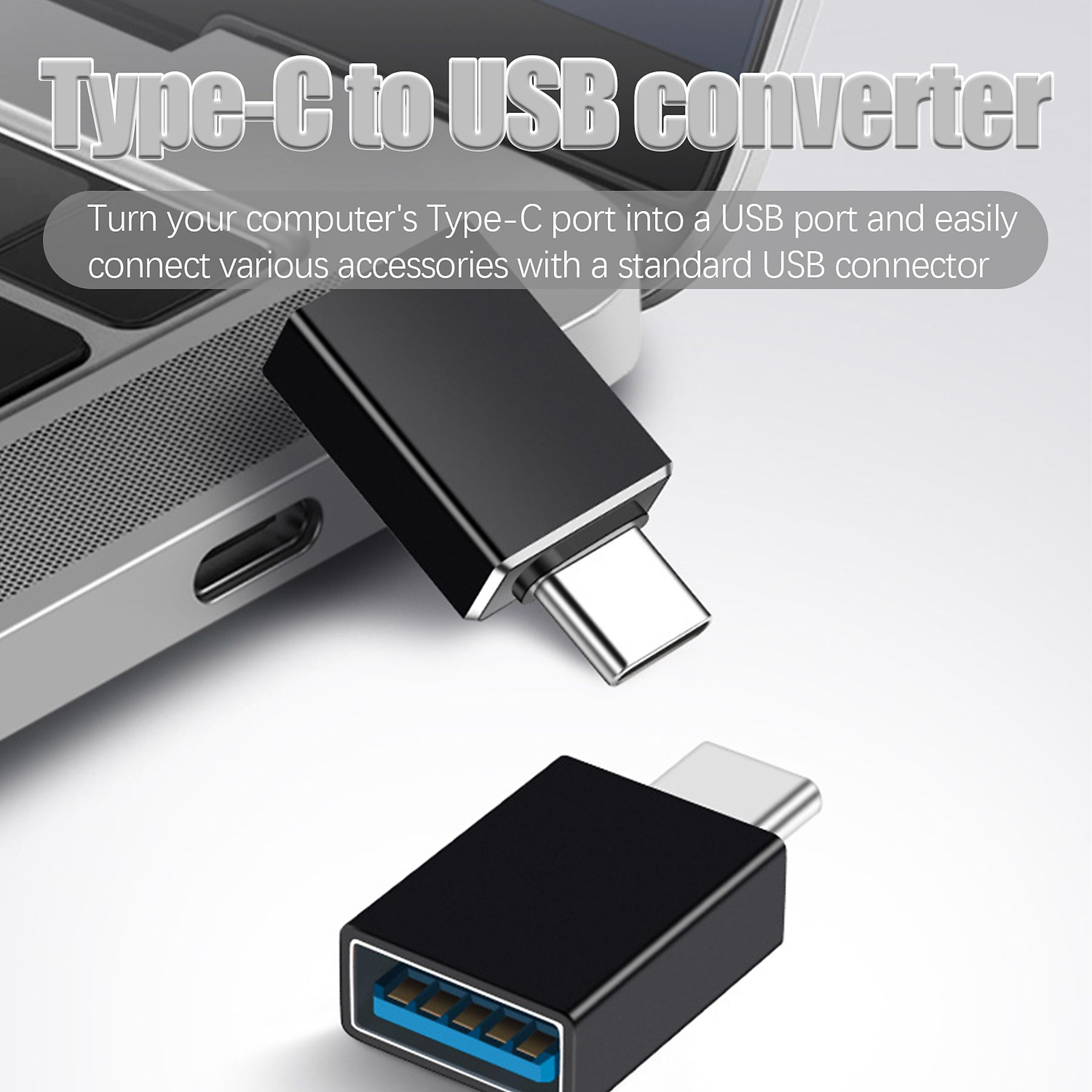 Schwarzer USB-C-zu-USB-Adapter. Er ist an einen Laptop angeschlossen. Text erklärt die Funktion.