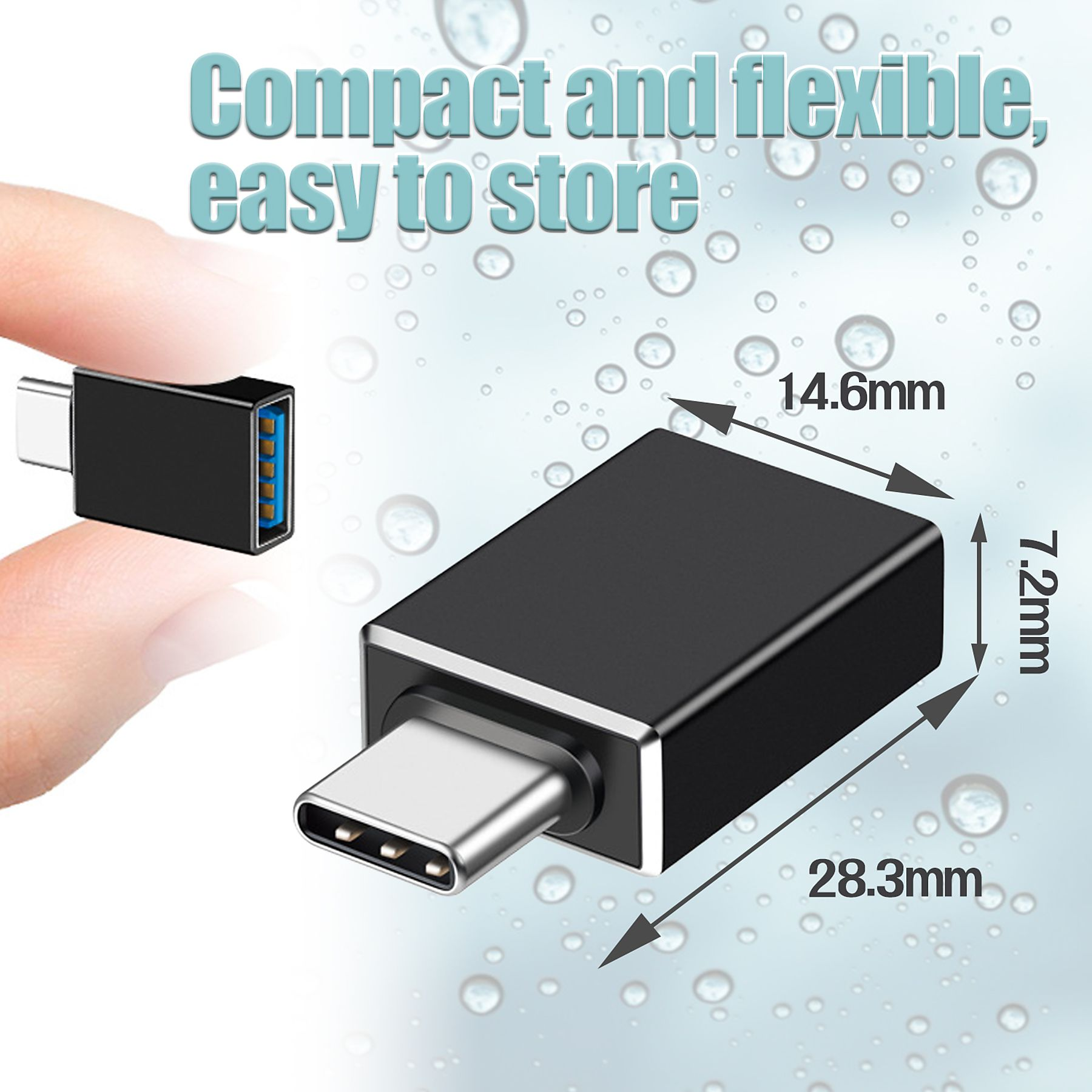 Ein schwarzer und blauer USB-C-zu-USB-Adapter mit den Abmessungen: 14,6 mm x 7,2 mm x 28,3 mm. Der Text lautet Kompakt und flexibel.