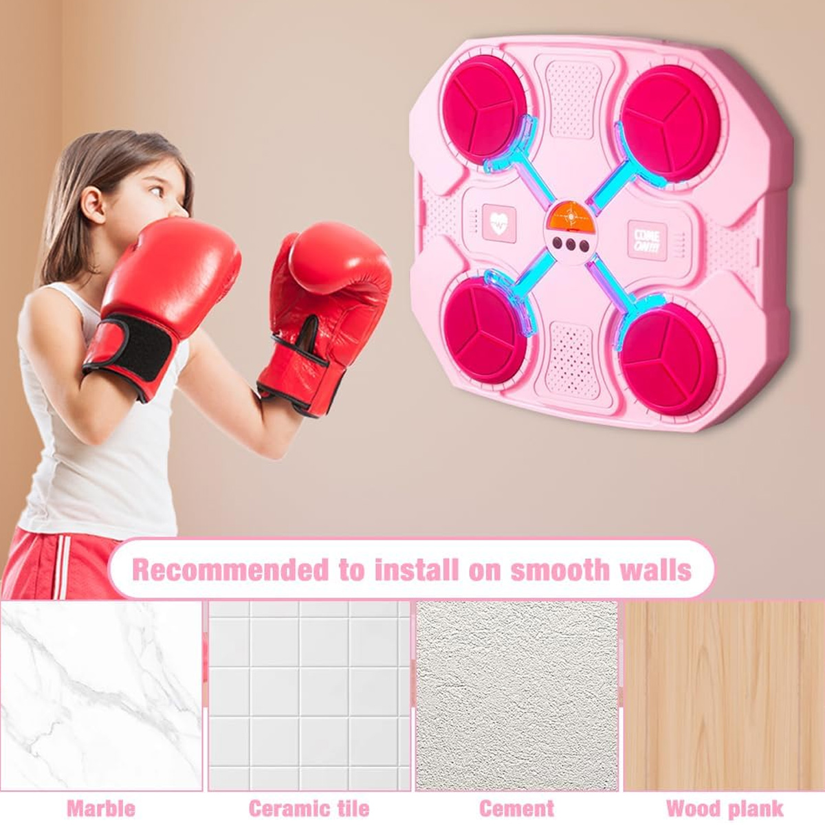 Ein Mädchen mit roten Boxhandschuhen steht kurz davor, ein pinkfarbenes, an der Wand montiertes Boxtarget zu schlagen. Empfohlen für die Installation auf glatten Wänden.
