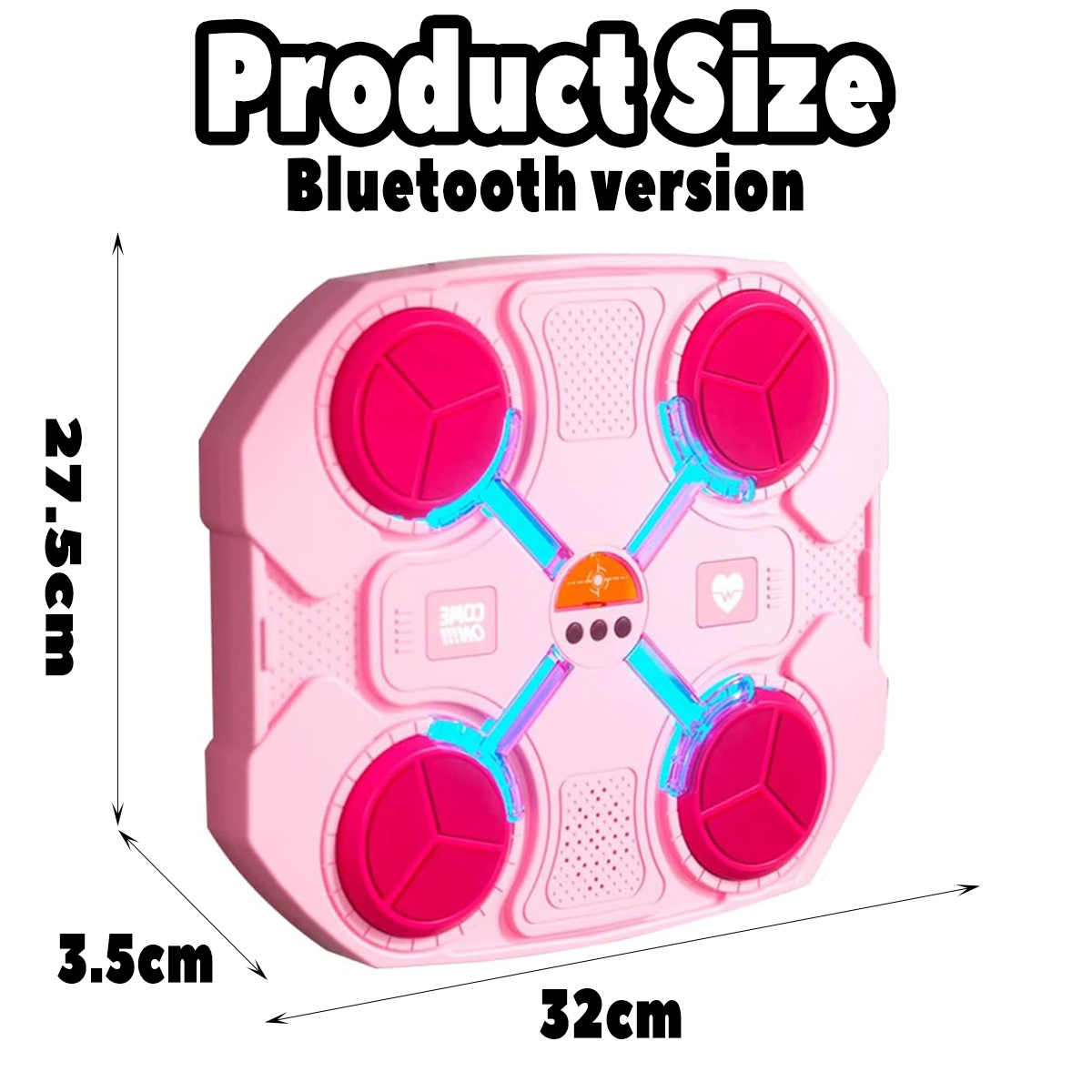 Ein pinkfarbenes Bluetooth-Boxtarget mit den Abmessungen: 27,5 cm x 3,5 cm x 32 cm. Der Text lautet Produktgröße, Bluetooth-Version.
