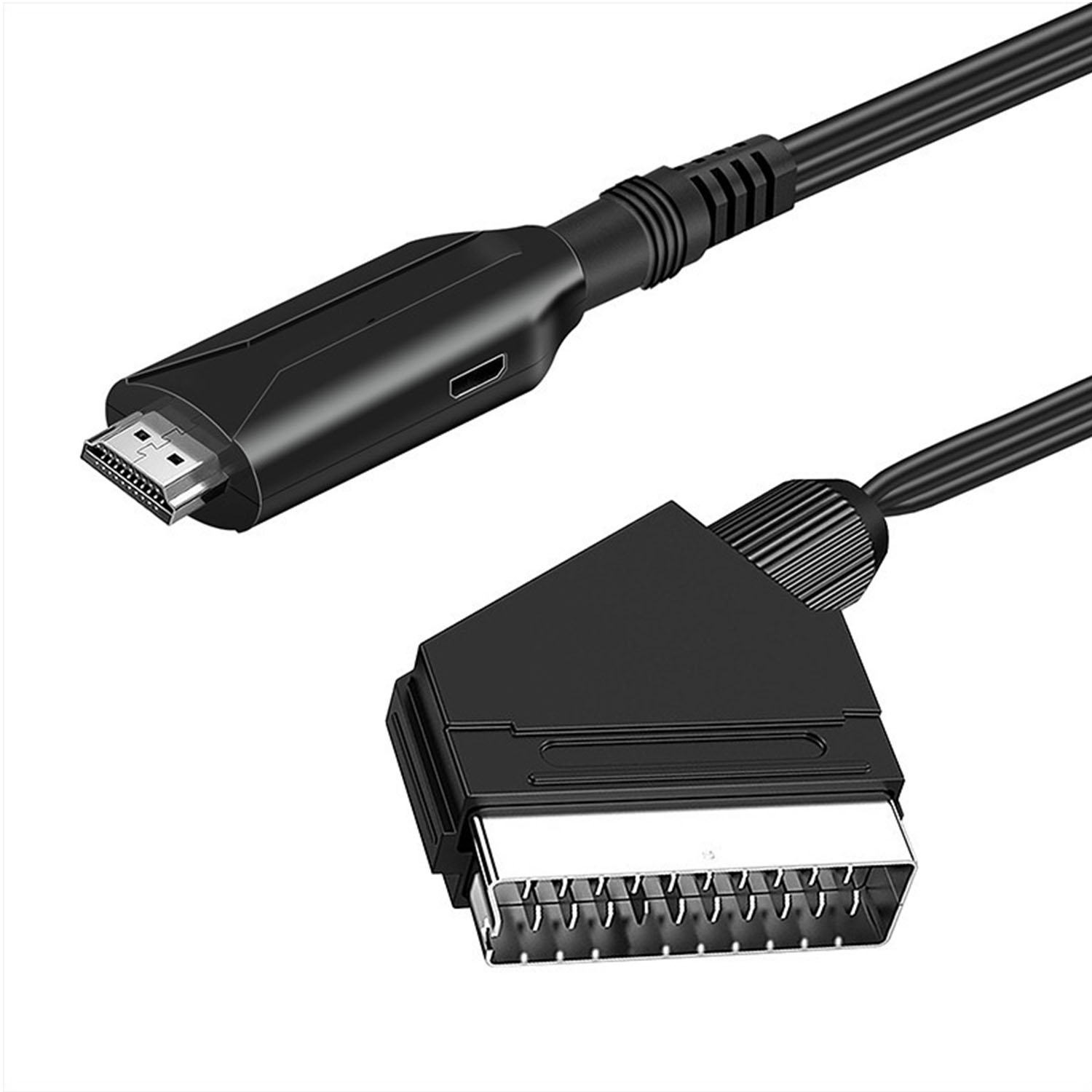 Ein schwarzes HDMI-zu-SCART-Adapterkabel. Die Anschlüsse werden in einer Nahaufnahme gezeigt.