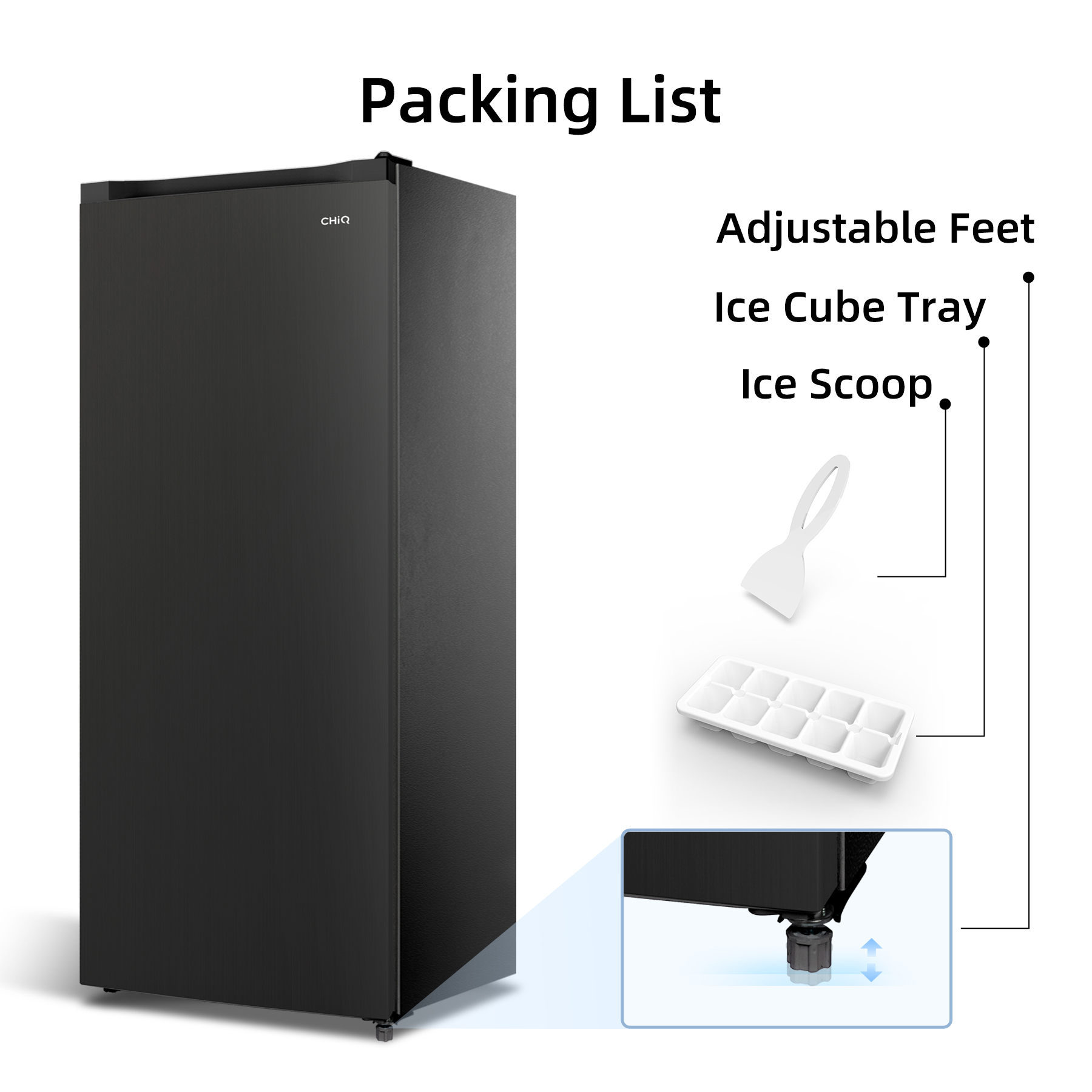 Un refrigerador CHIQ negro con lista de embalaje de texto y detalles como patas ajustables, cubitera y cuchara para hielo.