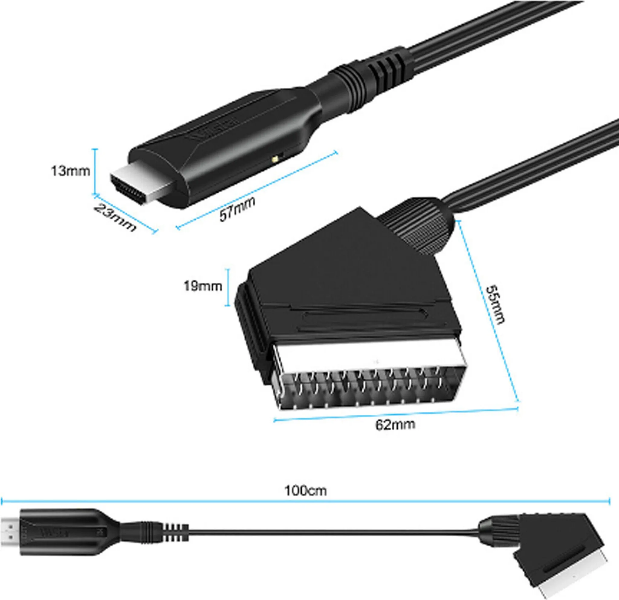 Eine Nahaufnahme eines schwarzen HDMI-zu-SCART-Adapterkabels, das die Anschlüsse und Abmessungen zeigt.