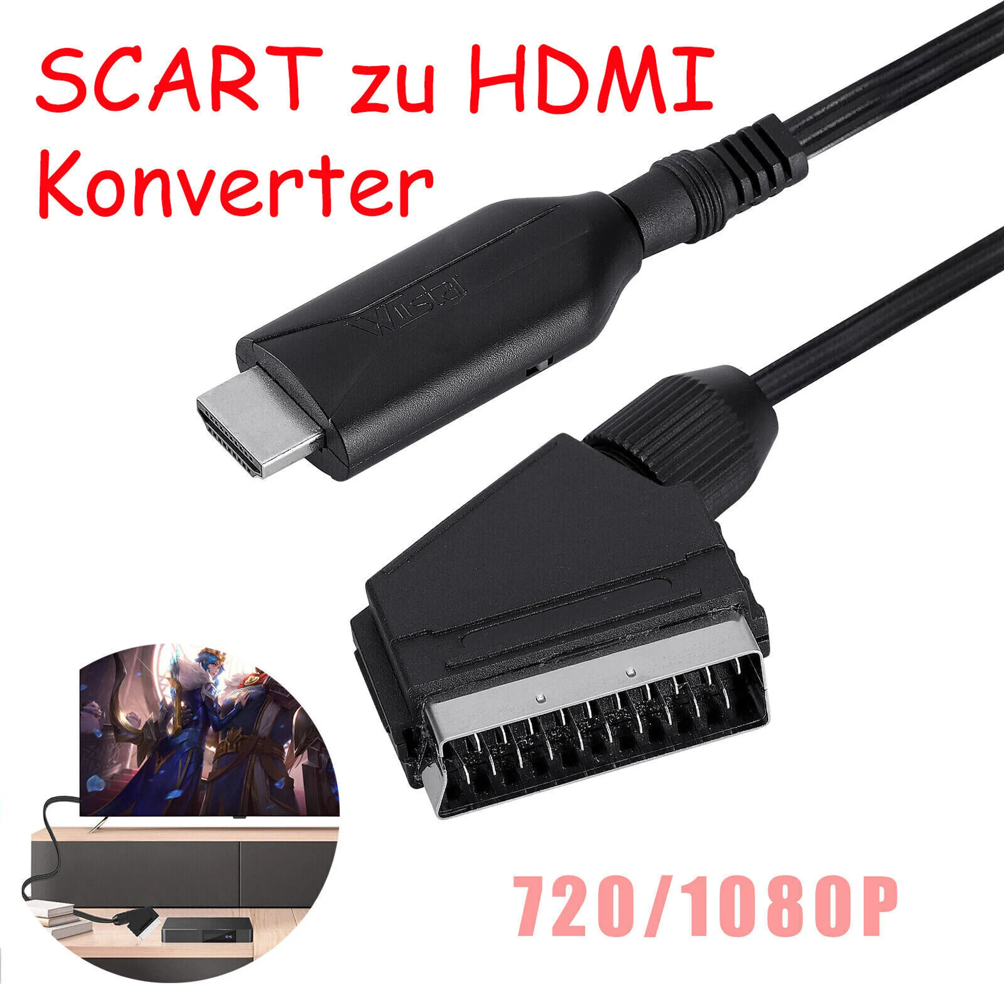 Ein schwarzes SCART-zu-HDMI-Konverterkabel mit dem Text SCART zu HDMI Konverter. Das Bild zeigt einen Fernseher und ein angeschlossenes HDMI-Kabel.