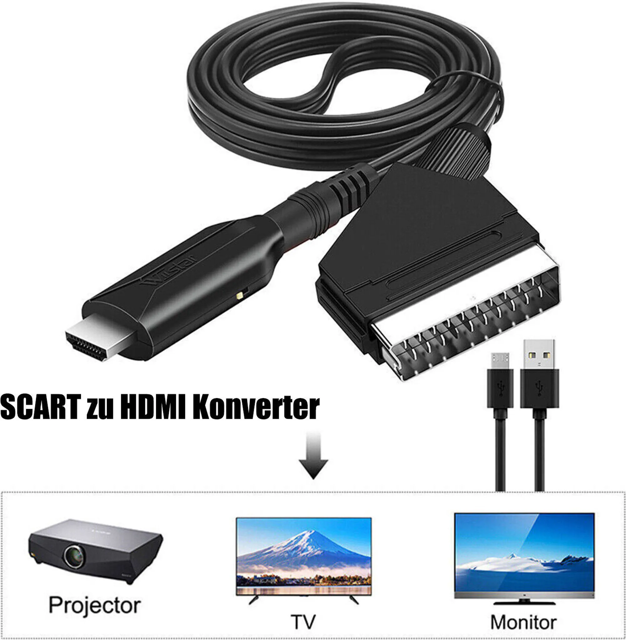 Ein schwarzes SCART-zu-HDMI-Konverterkabel mit Projektor, Fernseher und Monitor, mit dem Text SCART zu HDMI Konverter.