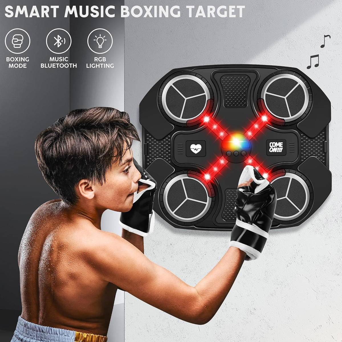 Ein Junge mit Handschuhen schlägt auf ein Smart Music Boxtarget an einer Wand. Der Text umfasst Boxing Mode, Music Bluetooth.