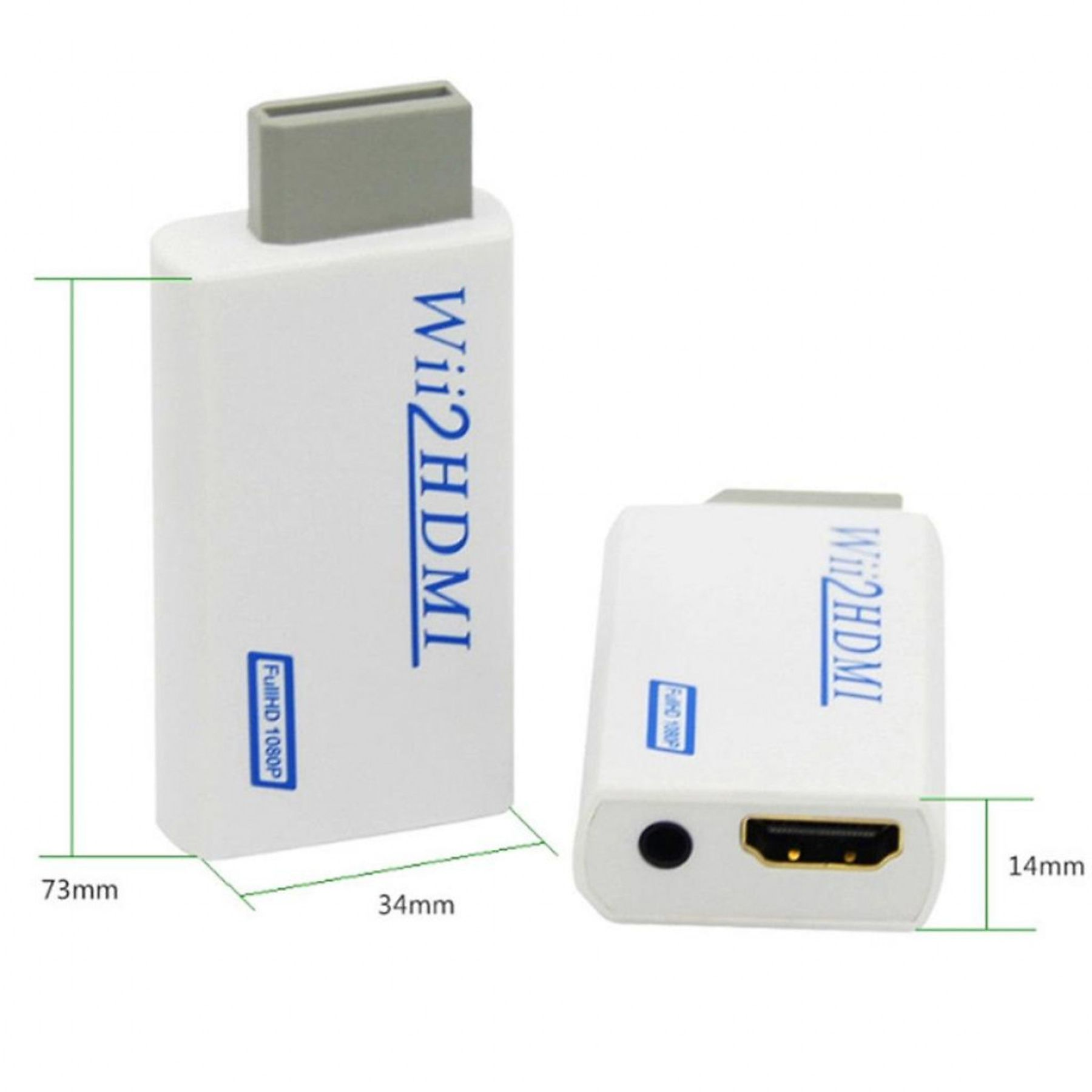 Weißer Wii2HDMI-Adapter mit den Maßen: 73 mm x 34 mm x 14 mm.