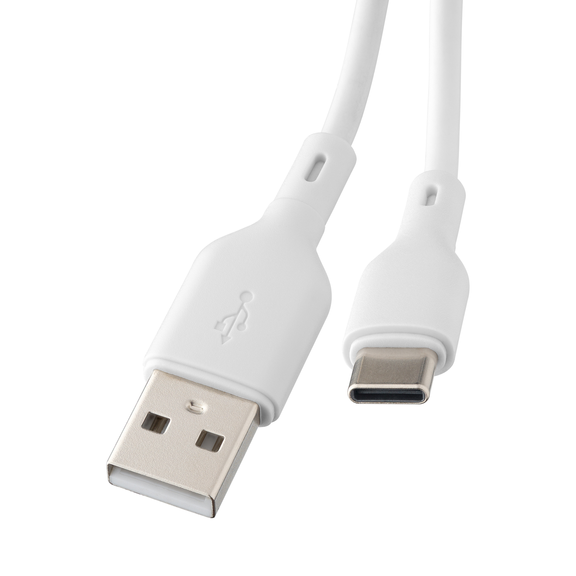 Biały kabel USB-A do USB-C, złącza w zbliżeniu.