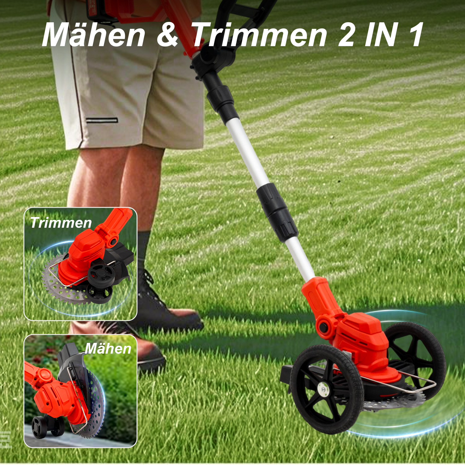 Ein roter Rasentrimmer wird in zwei Modi gezeigt: Trimmen und Mähen, auf einem grünen Rasen.