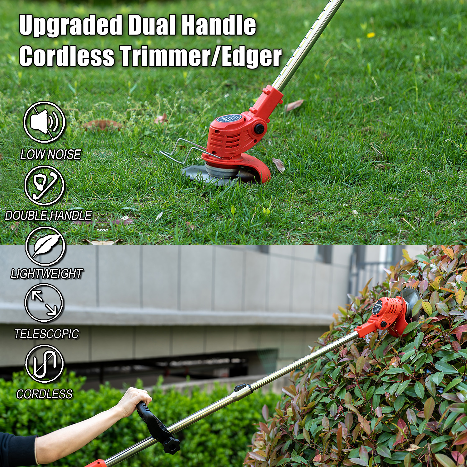 Czerwony trymer/krawędziarka bezprzewodowa w działaniu, z ikonami i tekstem w tle.