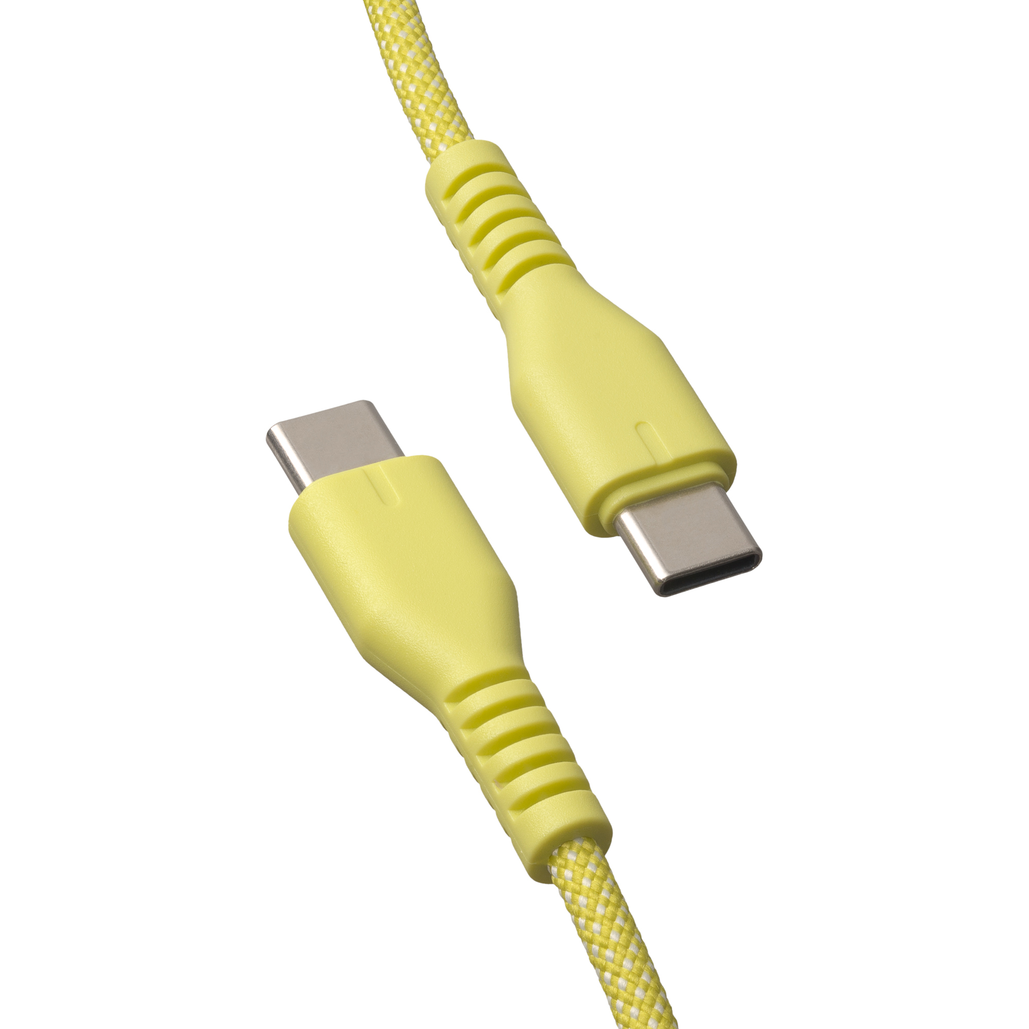Due cavi USB-C gialli, con connettori su entrambe le estremità, su una superficie bianca.