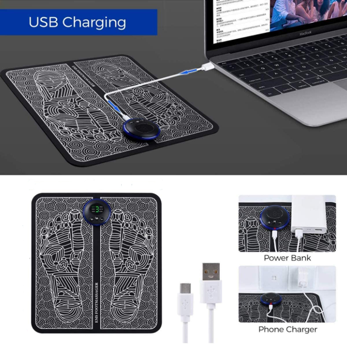 Ein Fußmassagegerät ist über USB mit einem Laptop verbunden, mit Nahaufnahmen des Fußpolsters.
