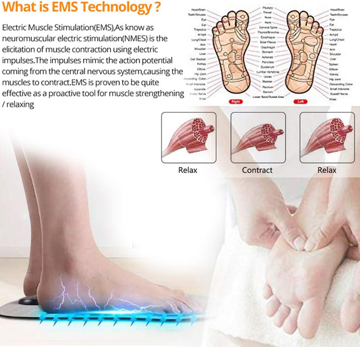 Ein Fuß wird auf ein EMS-Pad gelegt, mit Diagrammen und Abbildungen der Muskelwirkung.