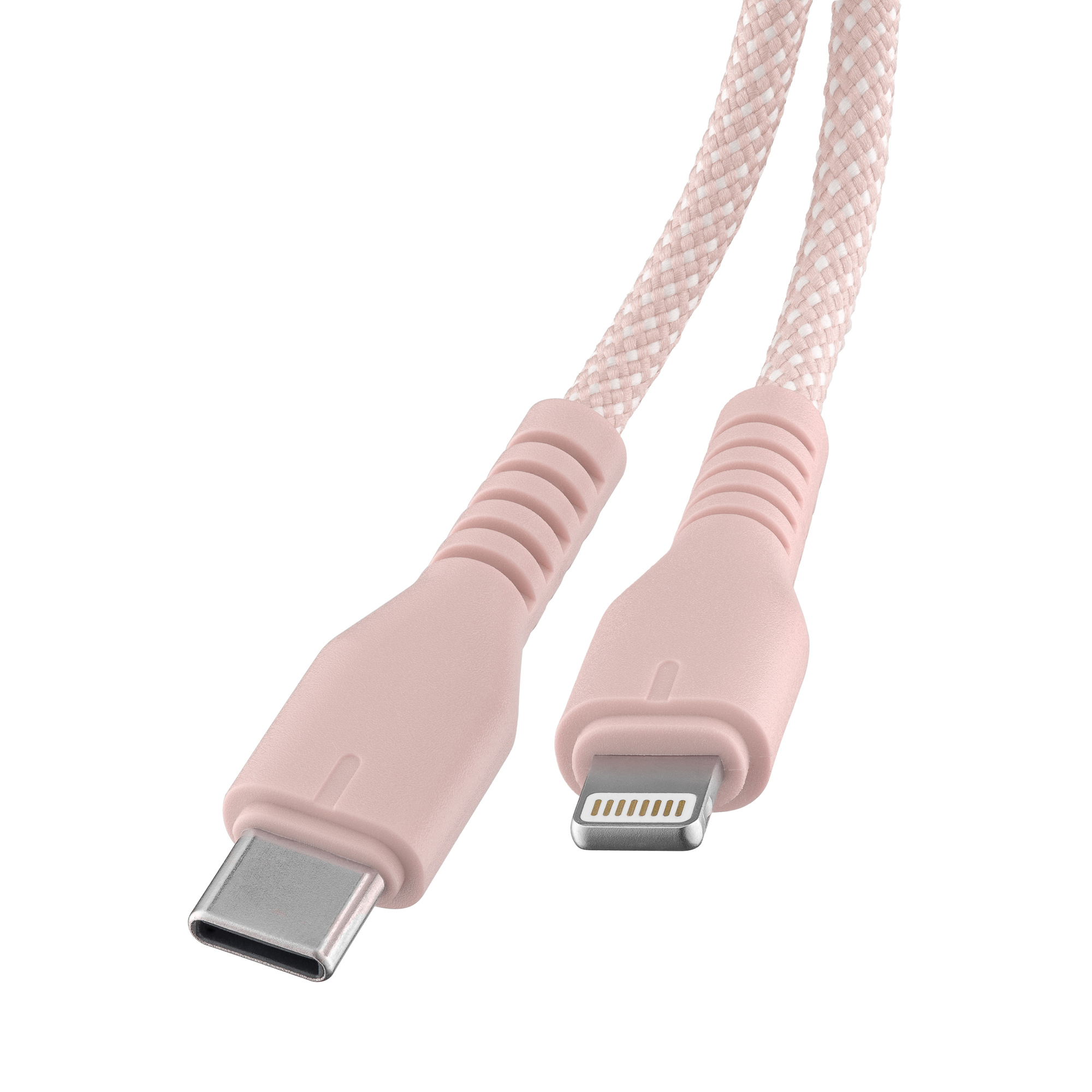 Różowy kabel USB-C do Lightning. Pleciony design. Złącza na obu końcach.