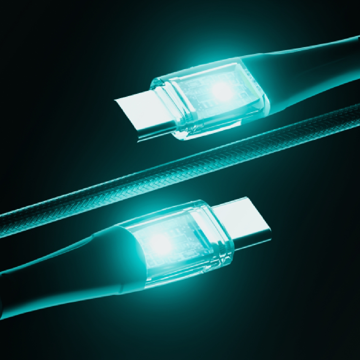 Cavi USB-C con estremità illuminate. Sfondo scuro, bagliore blu brillante sui connettori.