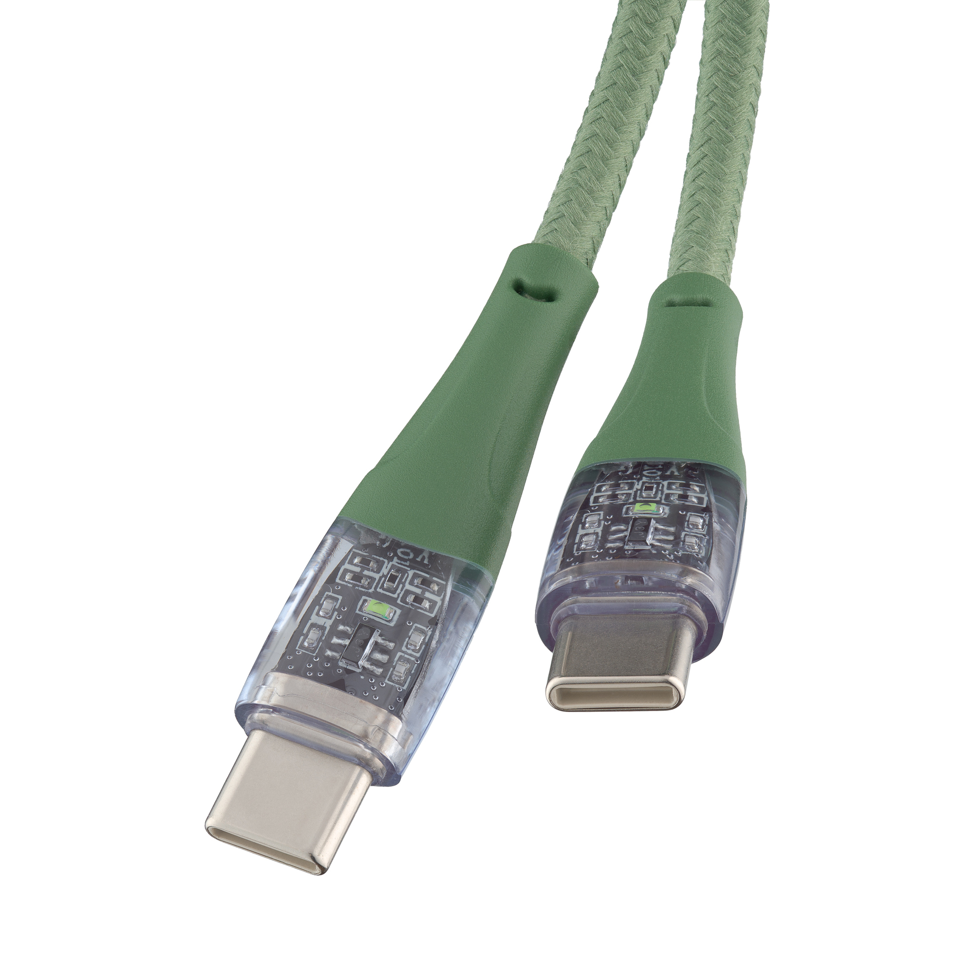 Cavi USB-C verdi. Connettori trasparenti. Visione chiara dei componenti interni.