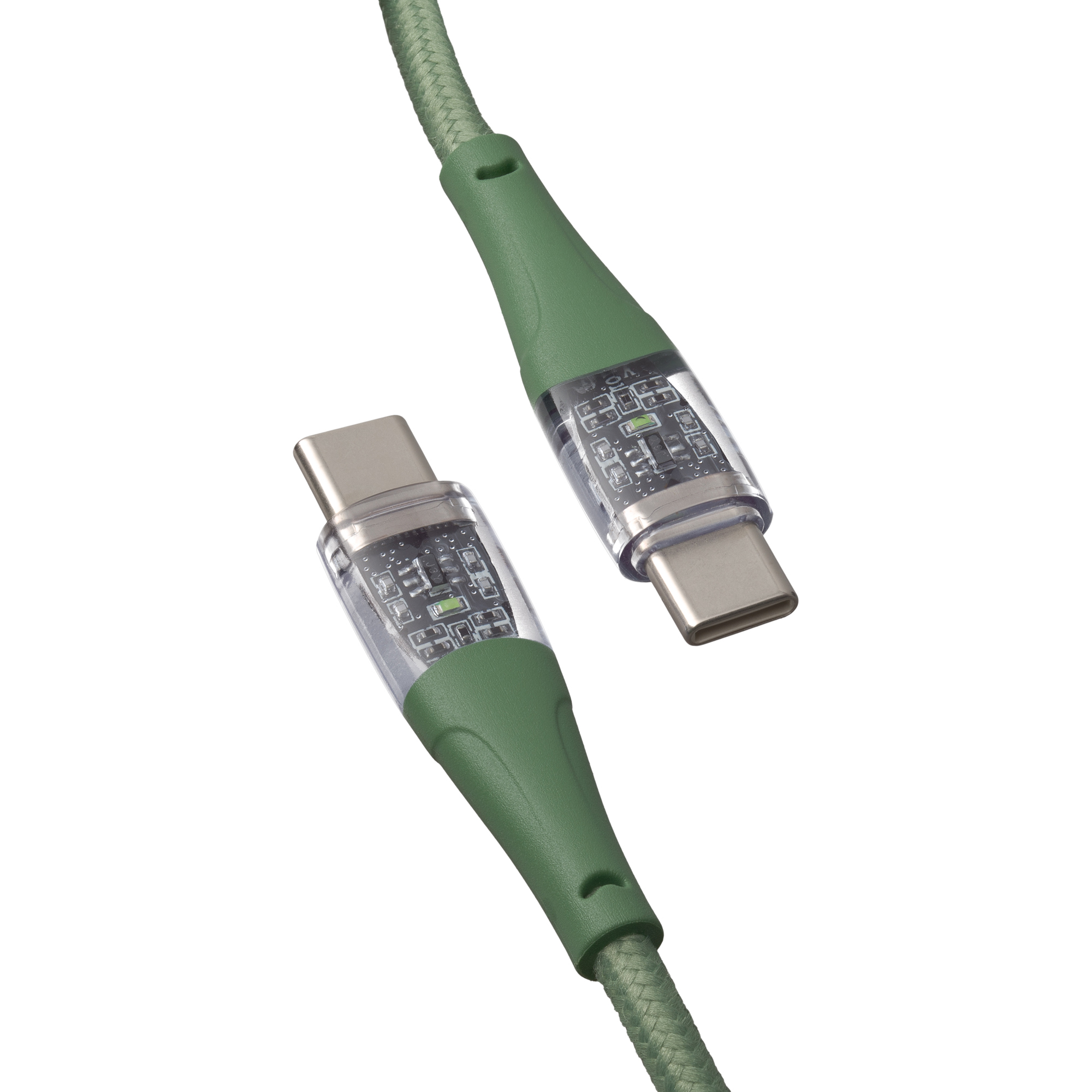 Cavi USB-C verdi con connettori trasparenti. Visione chiara dei componenti interni.