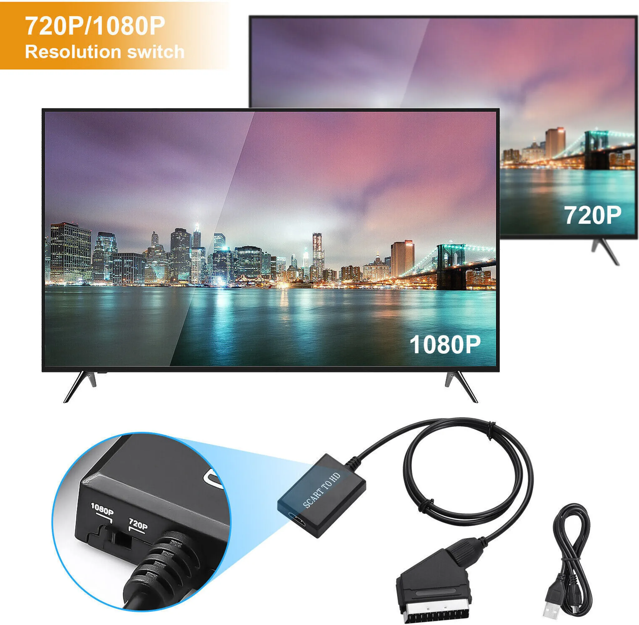 Zwei Fernseher zeigen 720P und 1080P. Nahaufnahme zeigt Auflösungsschalter und SCART-zu-HDMI-Adapter.