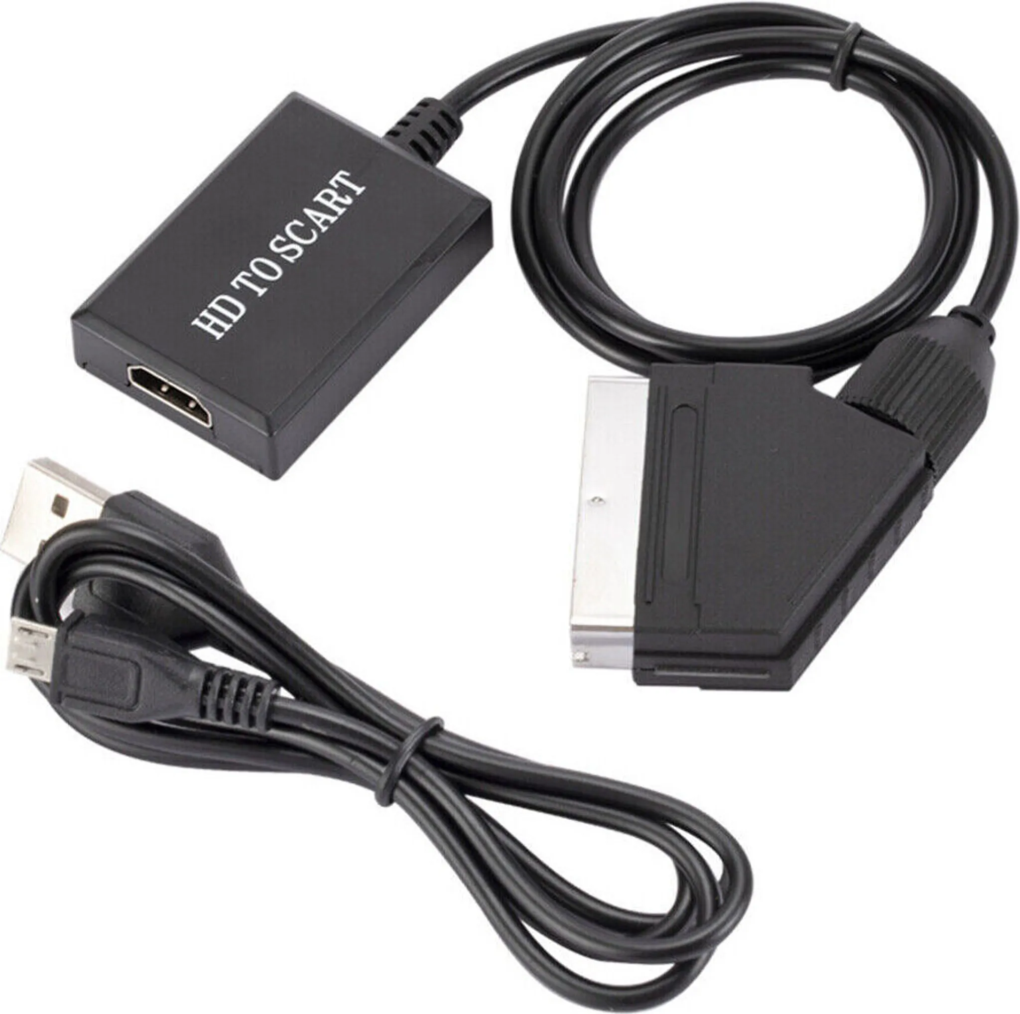 Ein schwarzer HD-zu-SCART-Adapter mit einem USB-Kabel und einem SCART-Kabel.