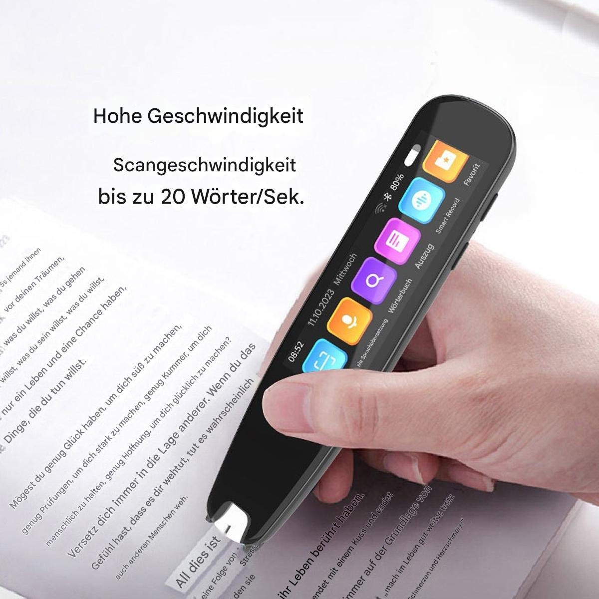 Schwarzer Scannerstift über einem Buch gehalten. Text hebt die Scangeschwindigkeit von bis zu 20 Wörtern/Sek hervor.