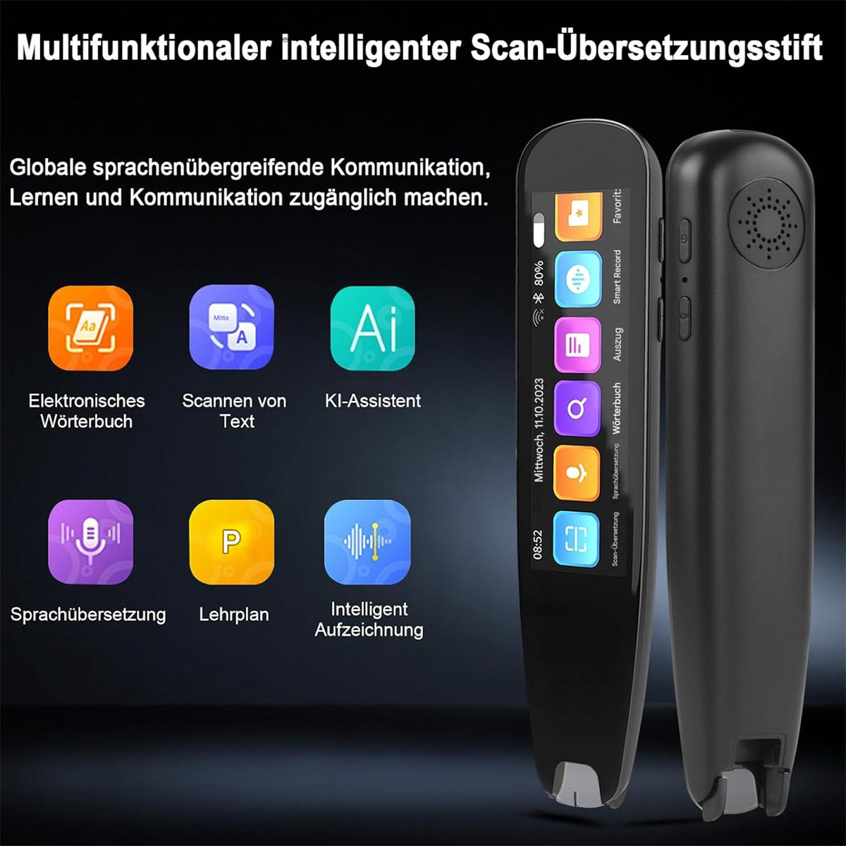 Schwarzer und weißer Scan-Stift mit Bildschirm und Symbolen, mit Text. Weißer Hintergrund.