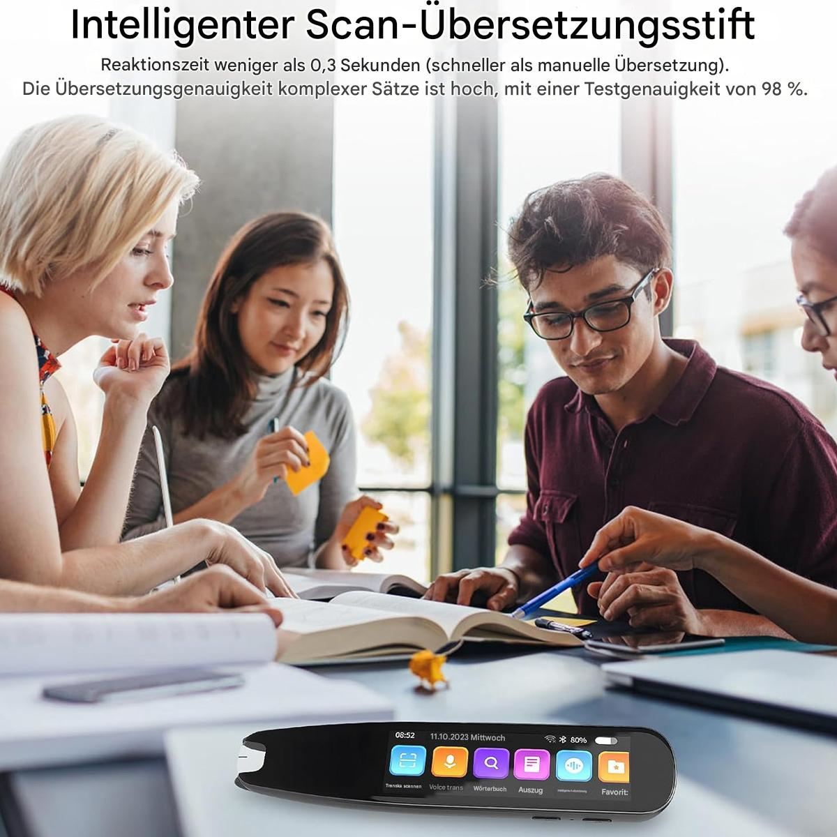 Vier Studenten lernen, einer benutzt einen Scannerstift. Oben steht 'Intelligenter Scan-Übersetzungsstift'.