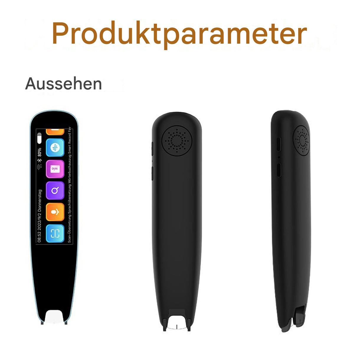 Drei Ansichten eines schwarzen Scanstifts, die Knöpfe und einen kleinen Bildschirm mit Symbolen zeigen.