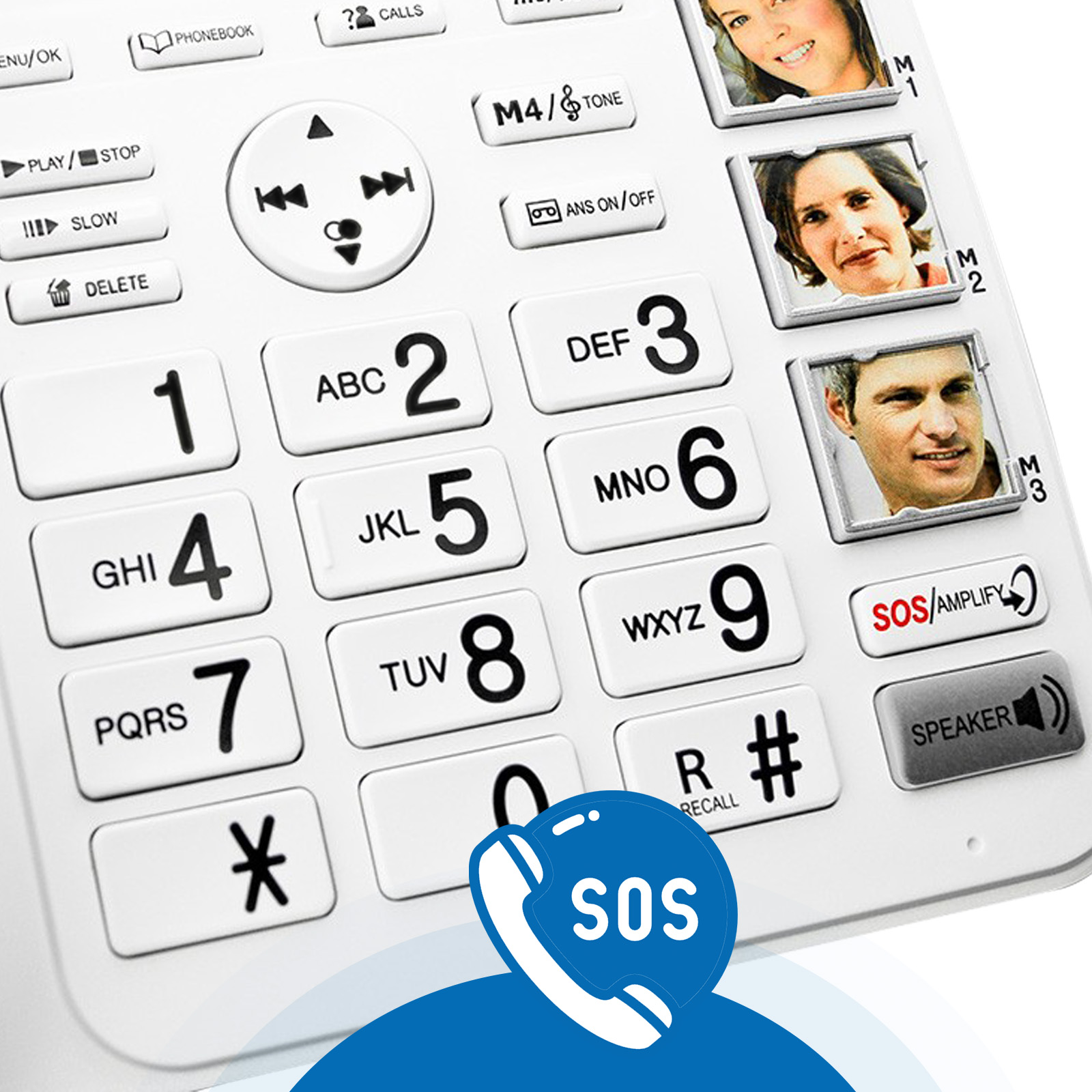 Nahaufnahme der Tastatur eines weißen Telefons, mit hervorgehobenen Nummern und einer SOS-Taste.