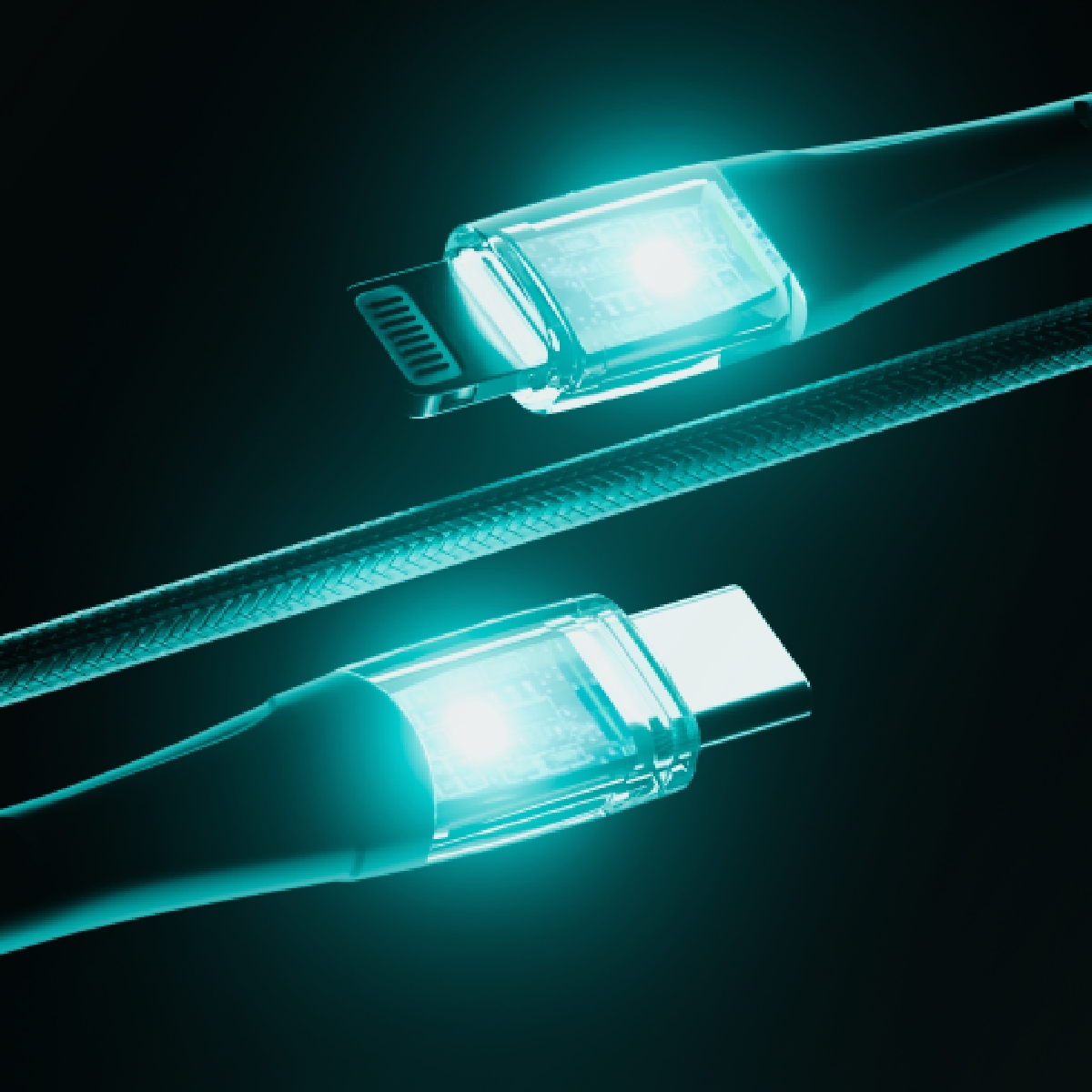 Zbliżenie świecących kabli ładujących USB-C i Lightning, z zielonymi akcentami, na ciemnym tle.