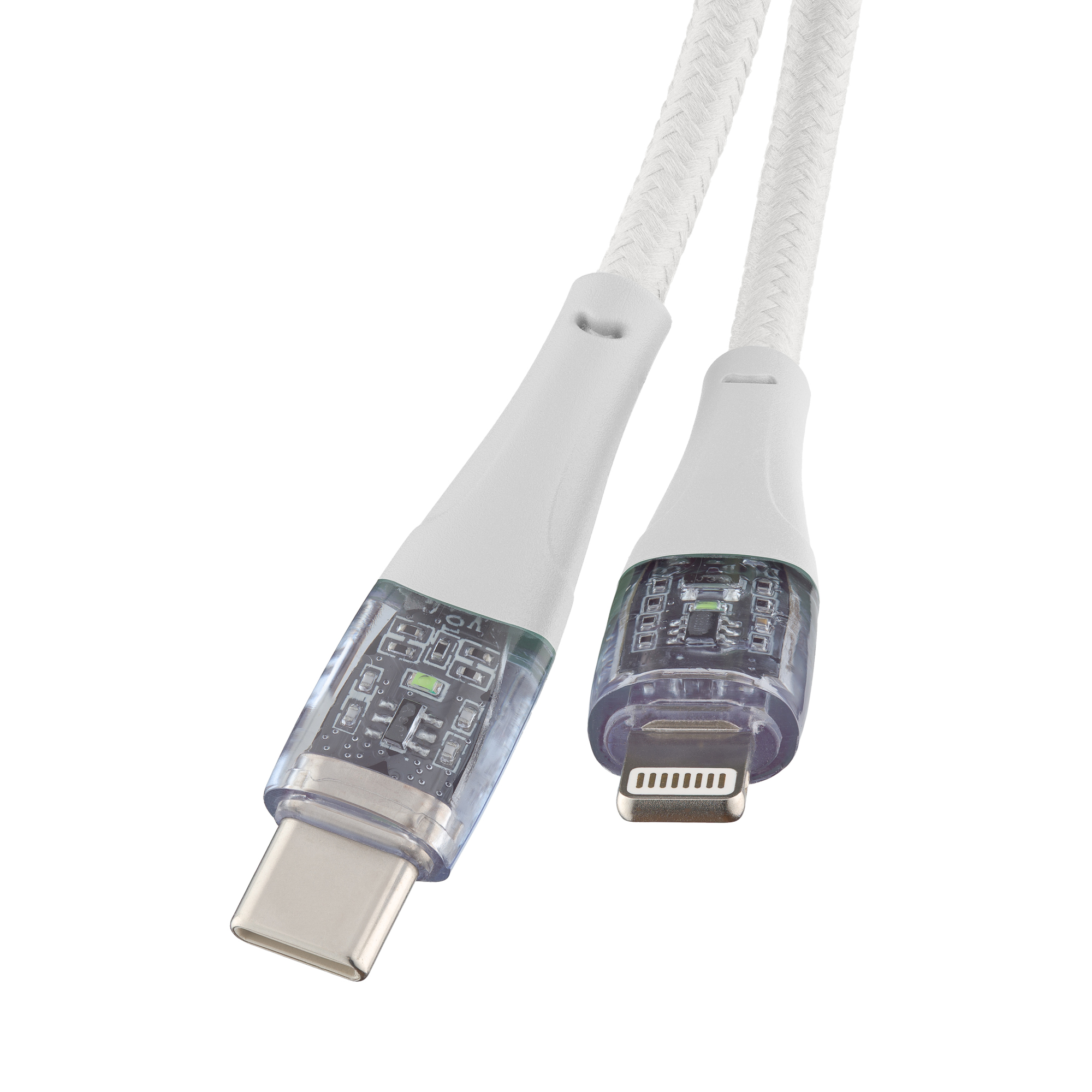 Biały kabel ładujący ze złączami USB-C i Lightning na białym tle. Złącza są przezroczyste.