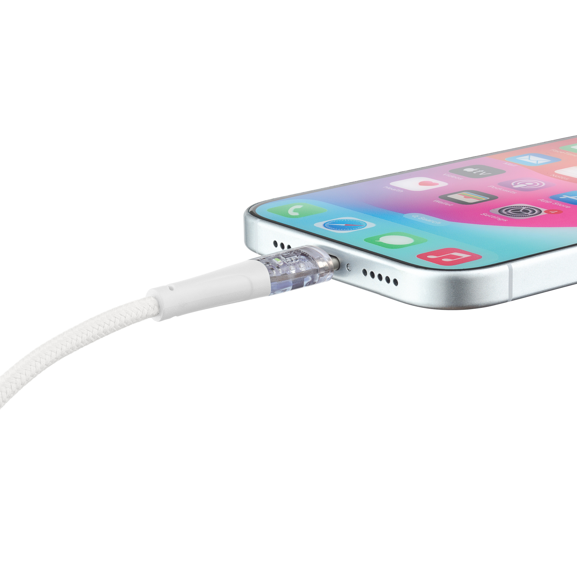 Biały kabel ładujący podłączony do telefonu na białej powierzchni. Telefon wyświetla aplikacje.