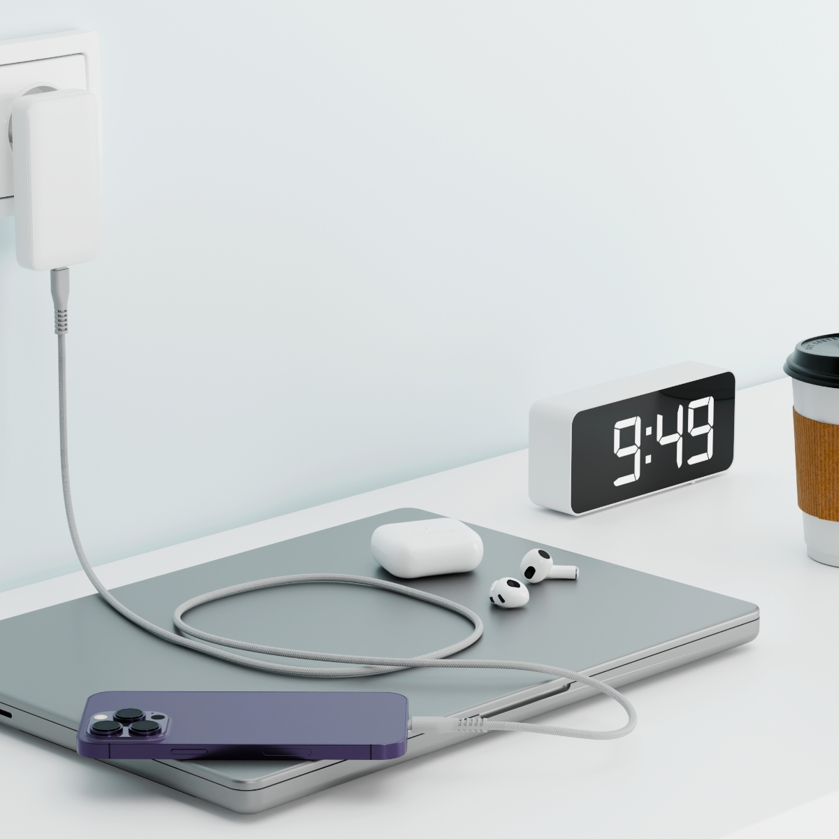 Laptop, telefon, zegar i słuchawki na białej powierzchni. Telefon ładuje się szarym kablem z gniazdka ściennego.