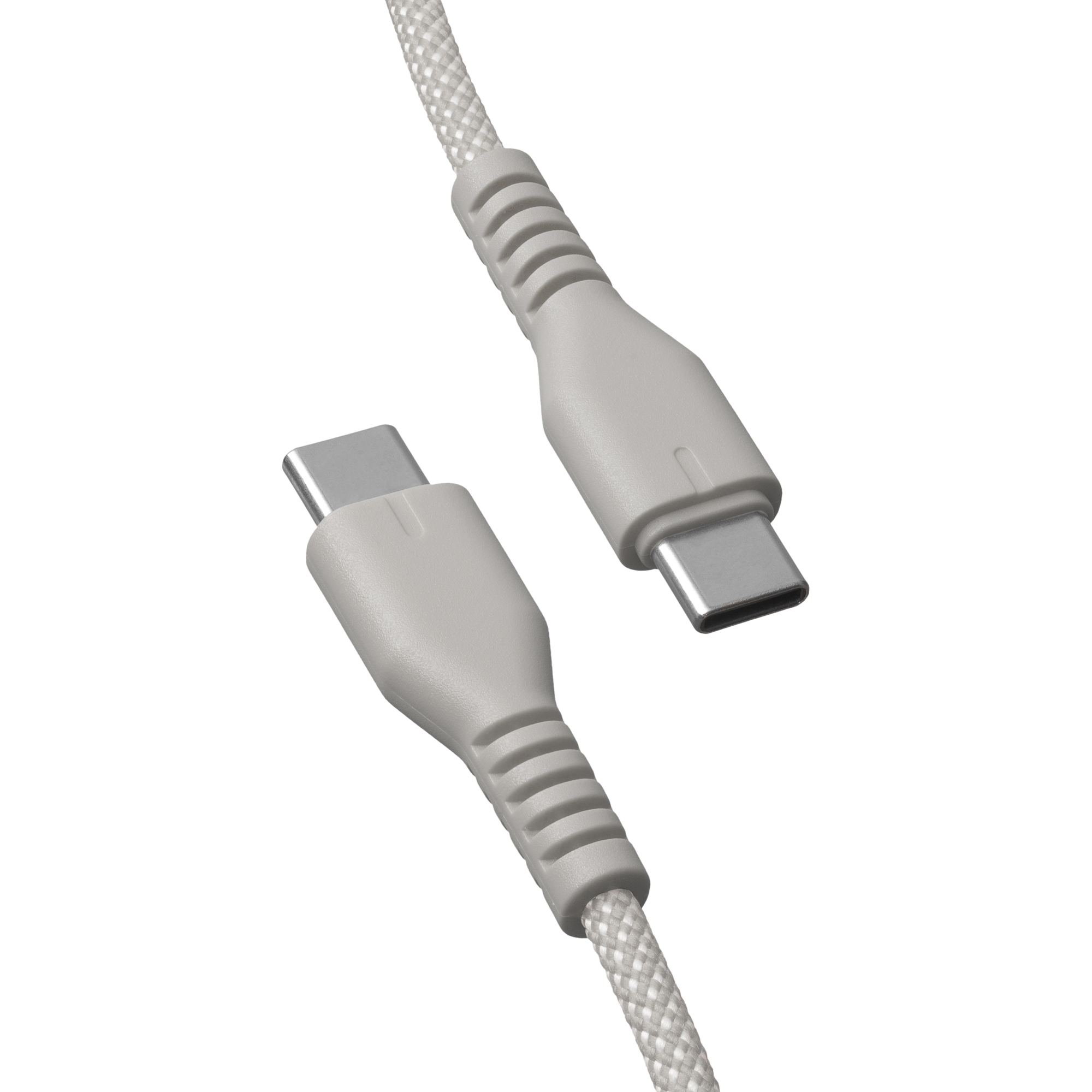 Zbliżenie dwóch szarych kabli ładujących USB-C na białym tle. Pleciony design.