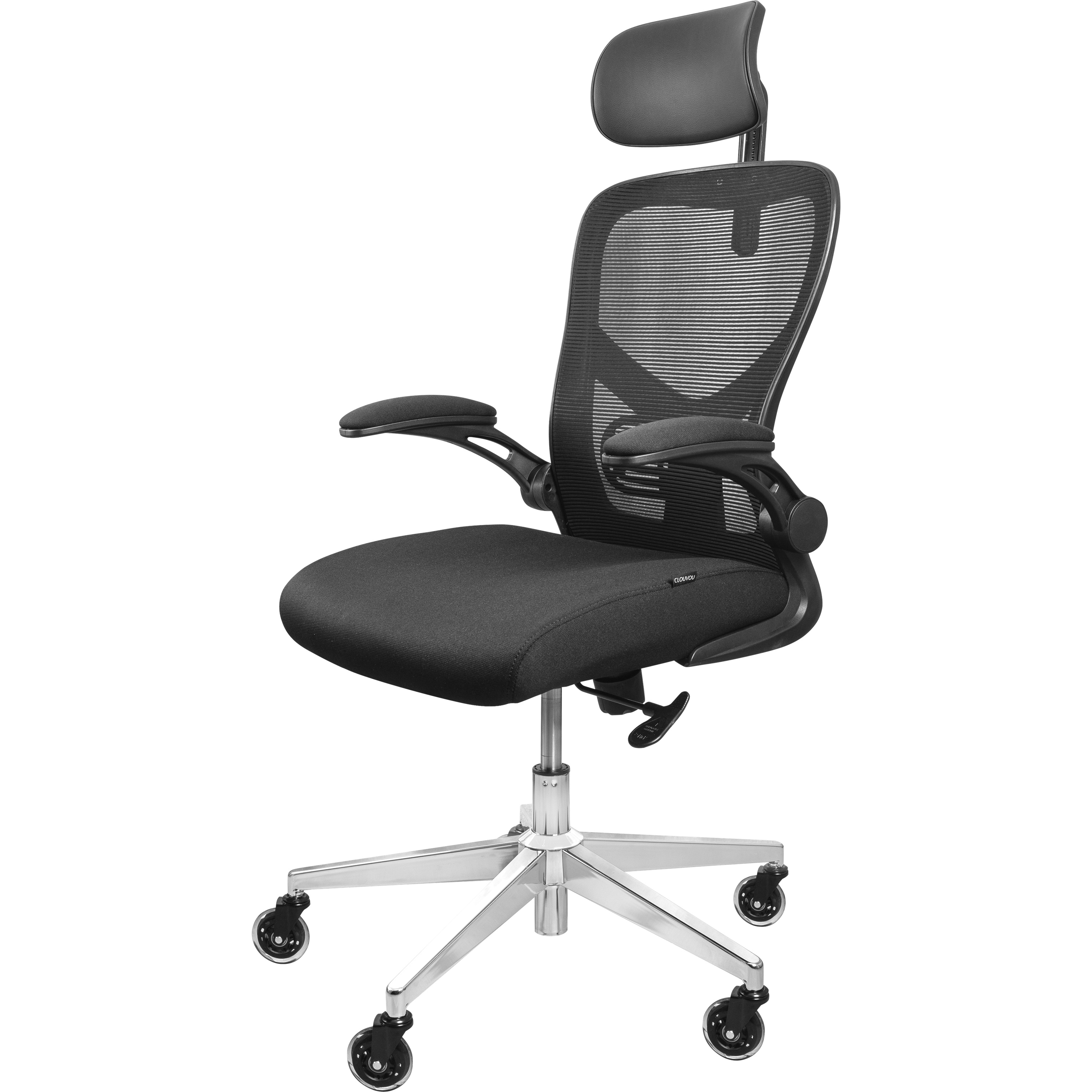 Schwarzer ergonomischer Bürostuhl mit Kopfstütze und Armlehnen auf weißem Hintergrund, Seitenansicht.